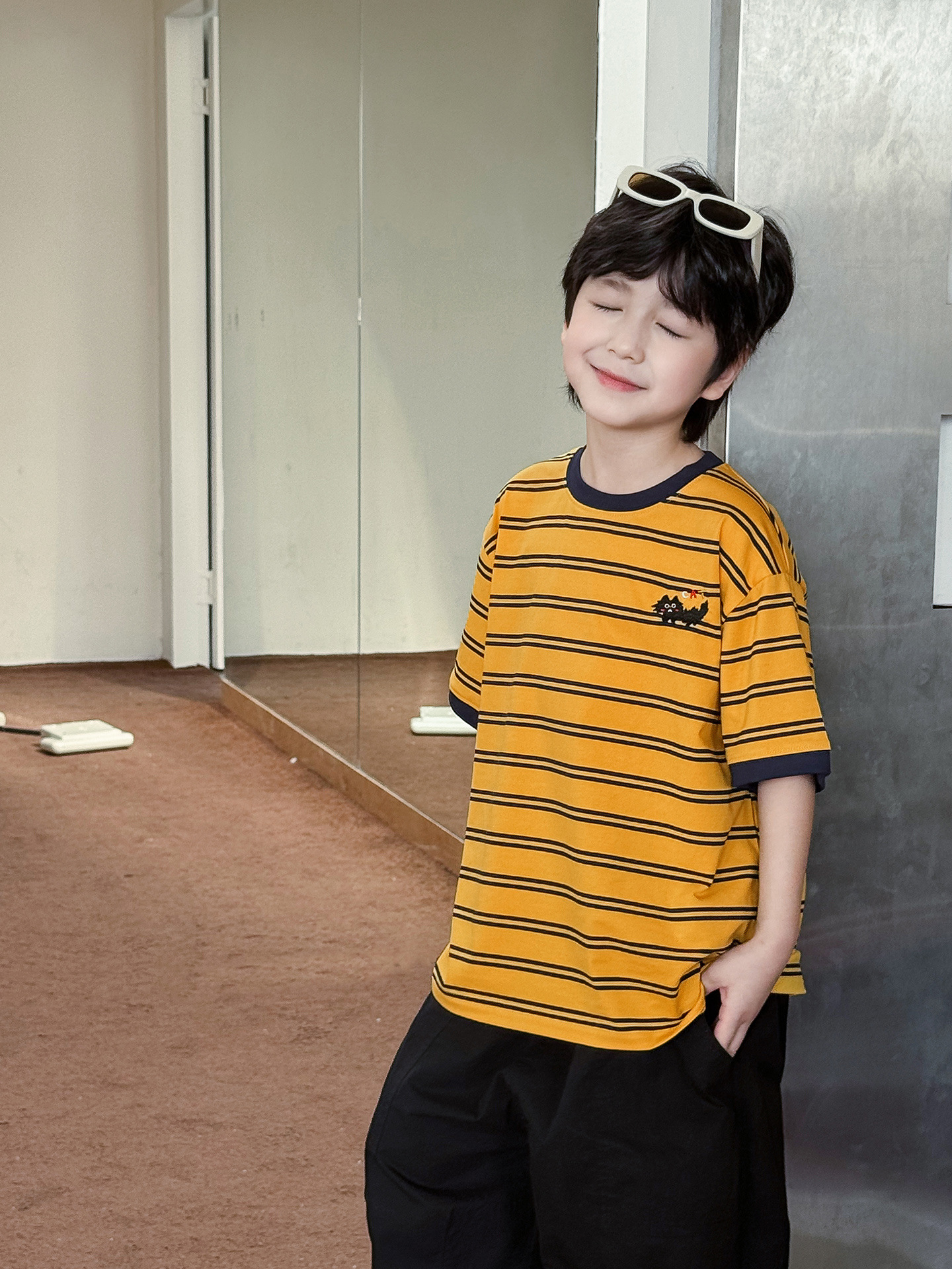 【90-150】Tシャツ 男の子 半袖 キャット刺繍 ボーダー クルーネック ゆったり カジュアル トップス - 画像 (4)