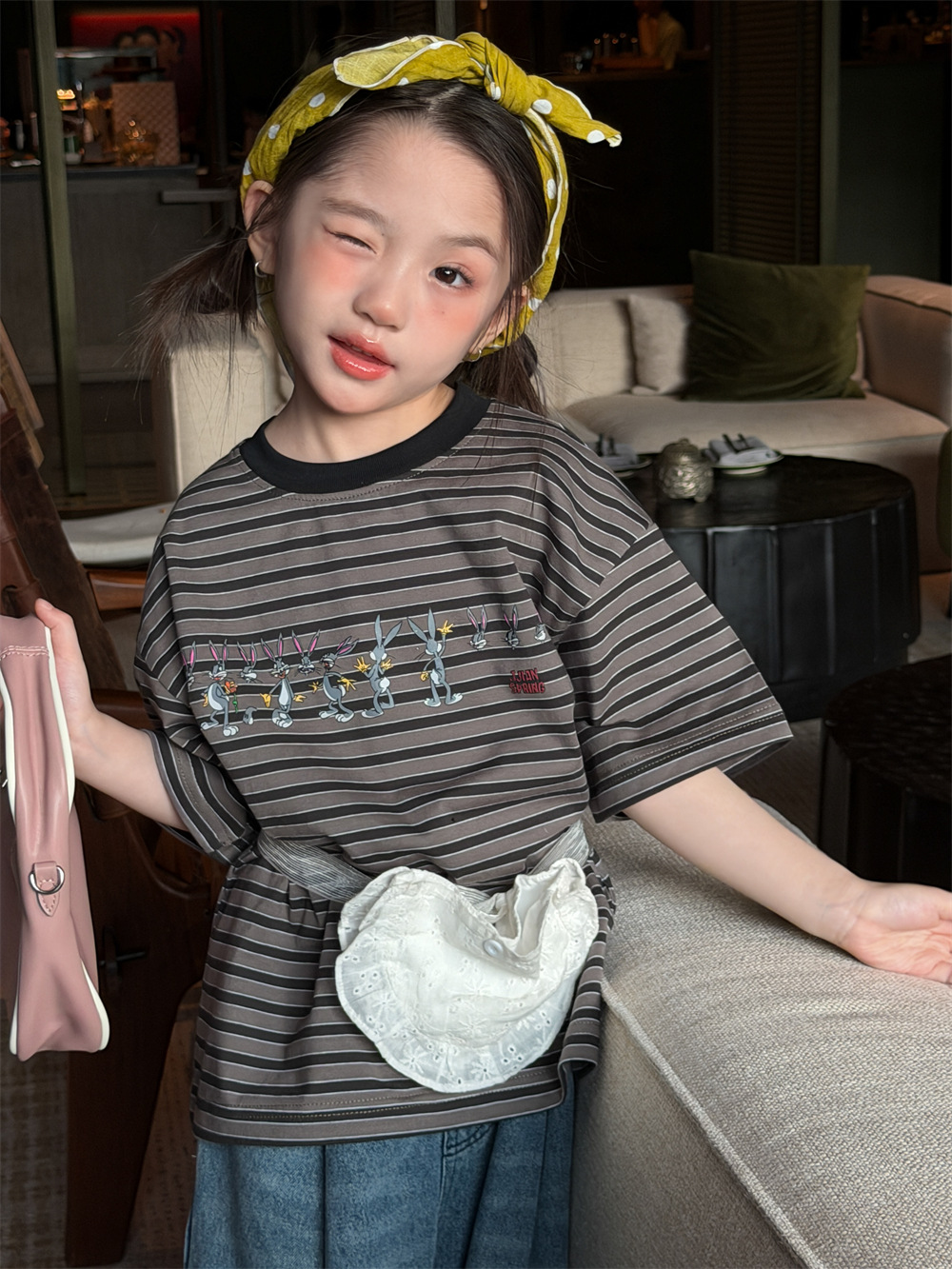 【90-150】Tシャツ 半袖 カートゥーン ボーダー 可愛い ディリー トップス - 画像 (6)