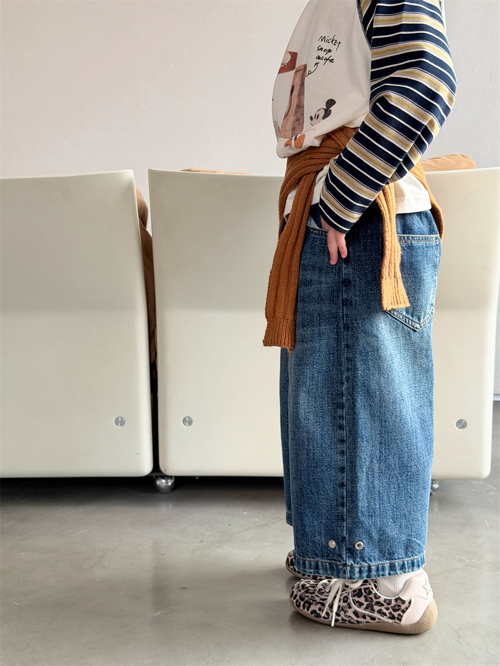 【90-150】デニムパンツ 男女兼用 七分丈 ストレート ウォッシュ加工 カジュアル 子供服 - 画像 (4)