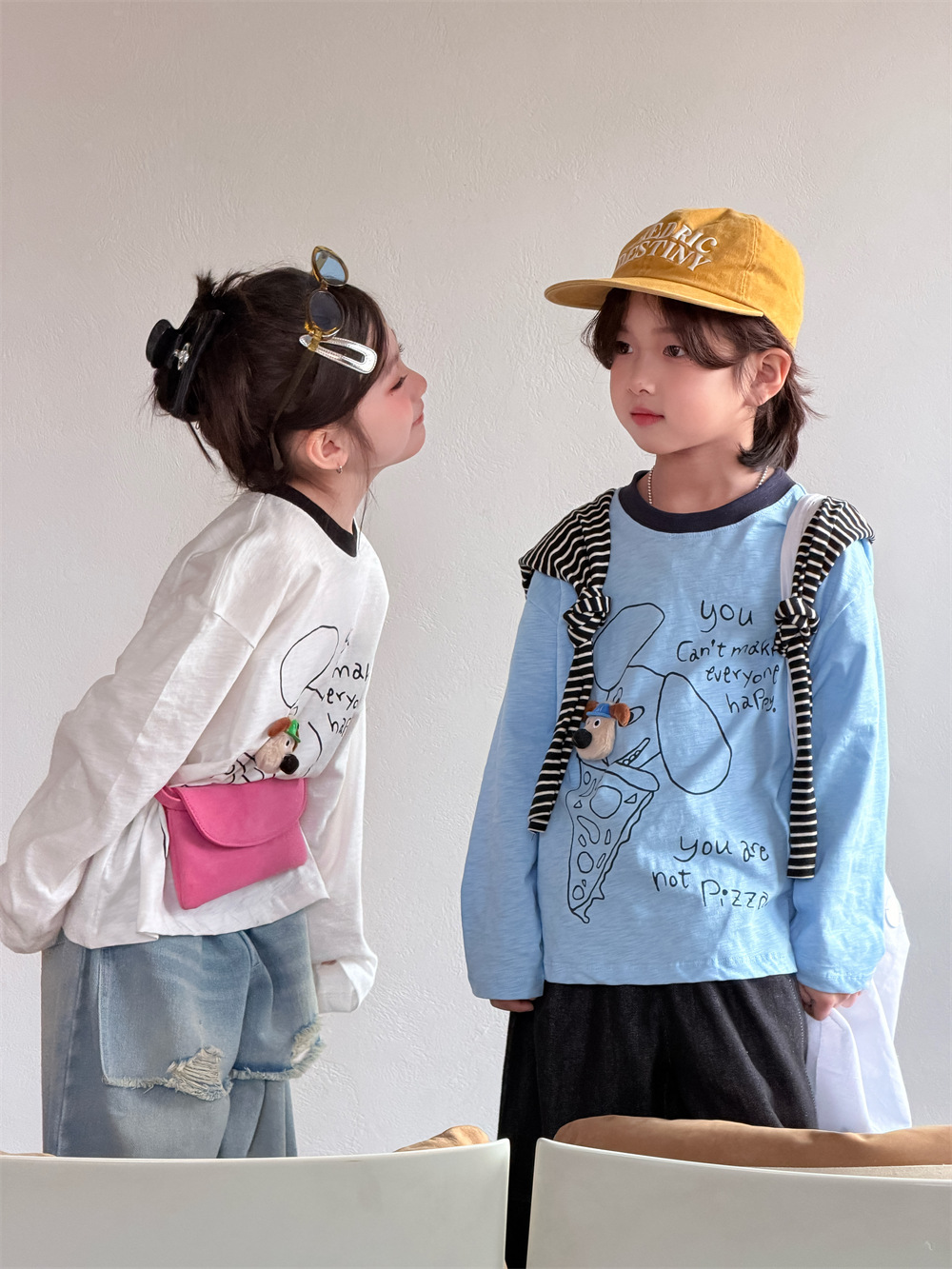 【90-150】長袖Tシャツ 男女兼用 犬柄プリント 配色襟 ゆったり カジュアル トップス - 画像 (5)