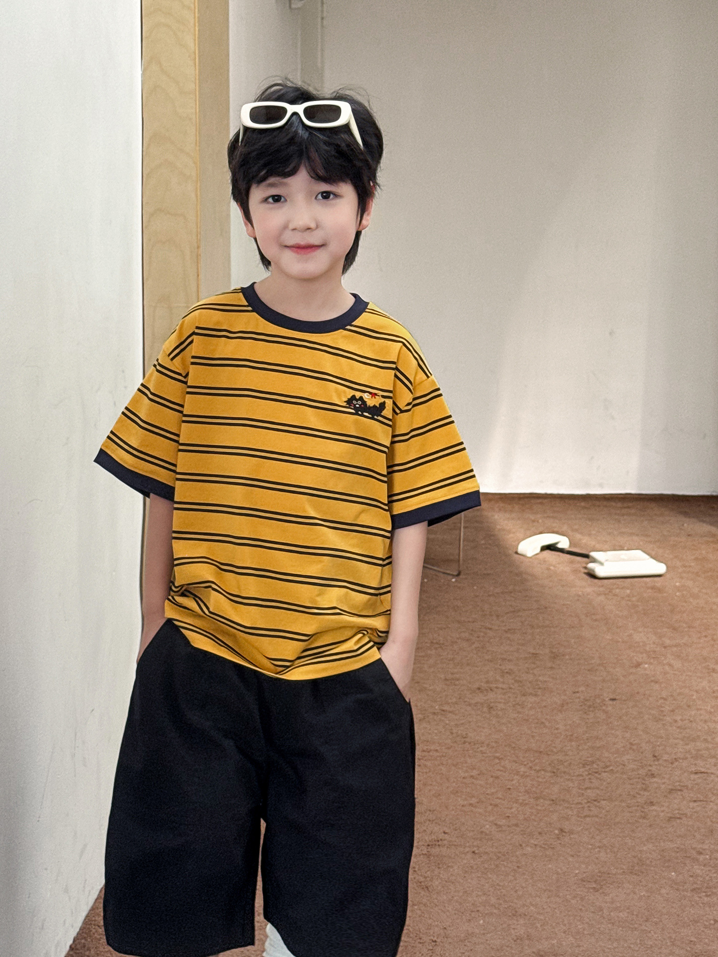 【90-150】Tシャツ 男の子 半袖 キャット刺繍 ボーダー クルーネック ゆったり カジュアル トップス - 画像 (5)