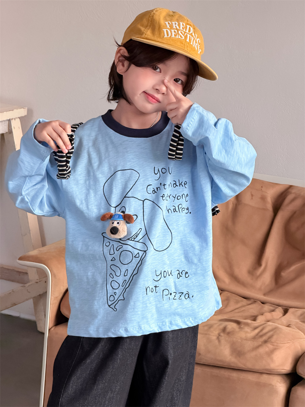 【90-150】長袖Tシャツ 男女兼用 犬柄プリント 配色襟 ゆったり カジュアル トップス - 画像 (8)