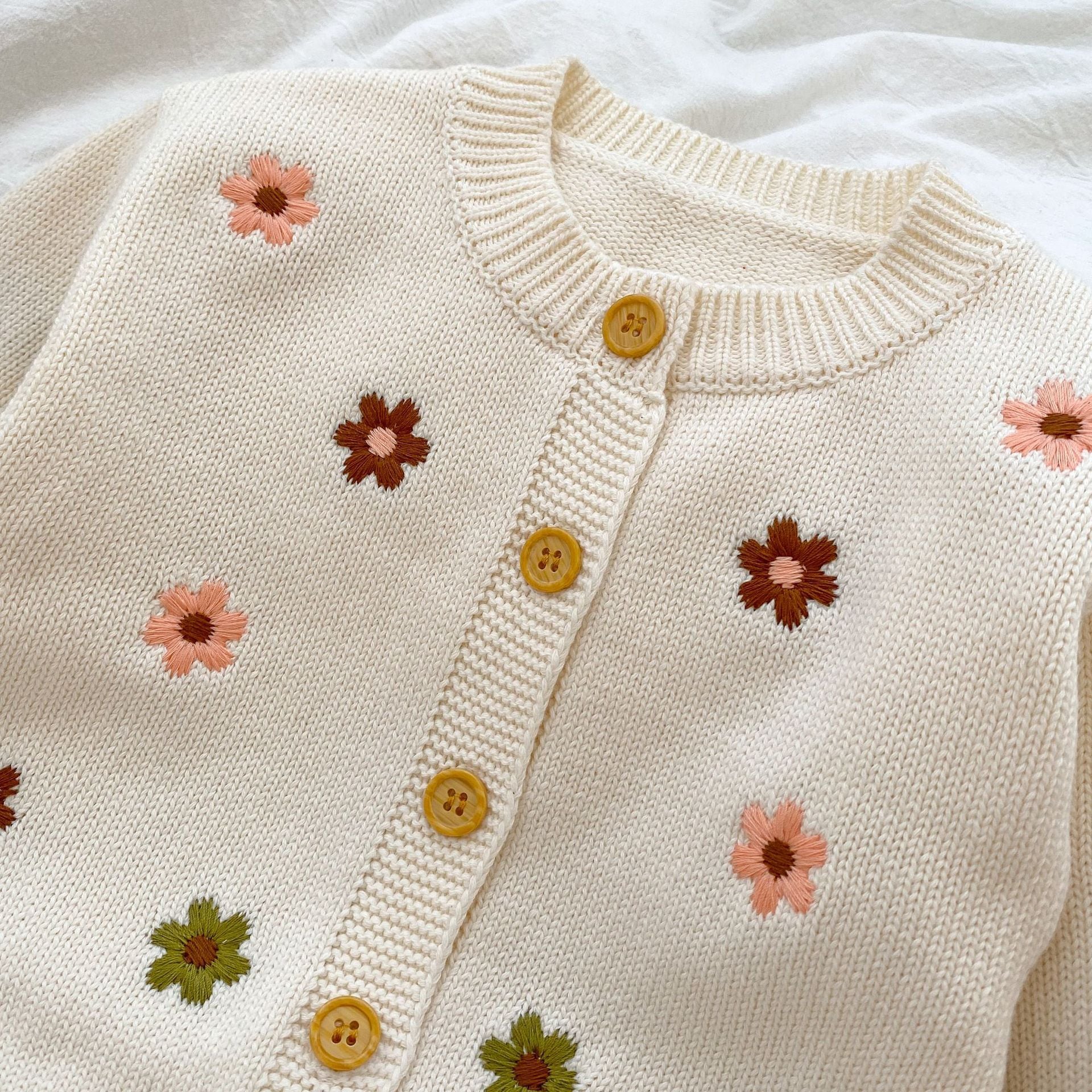 【66-90】サロペットorカーディガン ニット クリーム フラワー ベビー服 - 画像 (8)