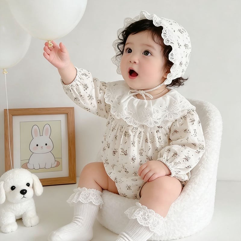 【66-90cm】ロンパース＆帽子 レース おしゃれ 肌に優しい ベビー服