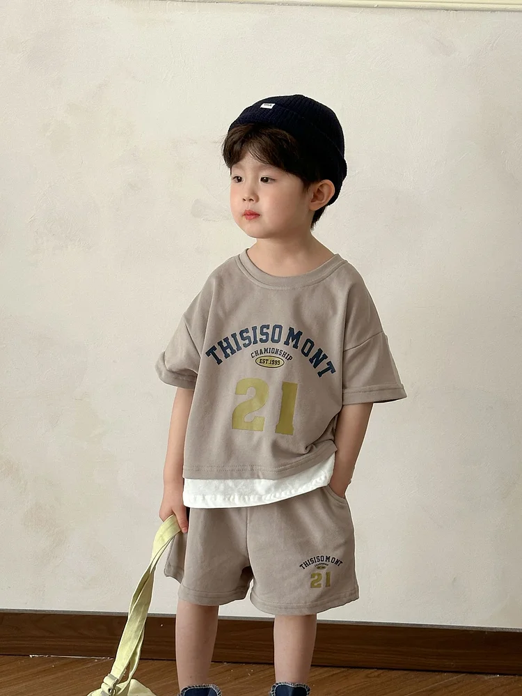 【80-150】キッズ服 数字ロゴ セットアップ 半袖Tシャツ+ショートパンツ - 画像 (7)