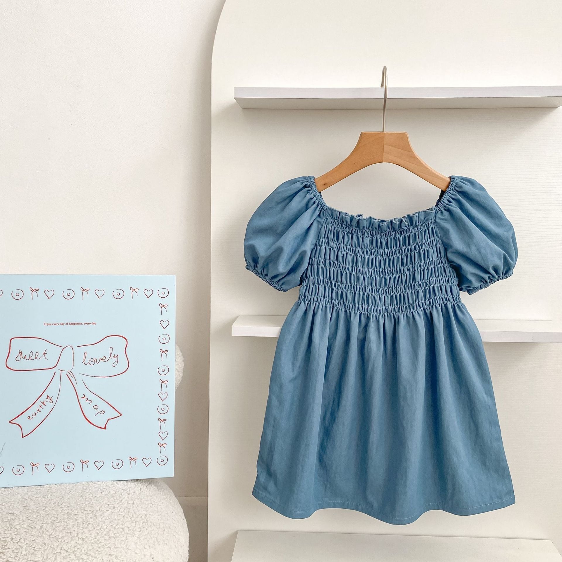 【66-130】ロンパース/ワンピース パフスリーブ ブルー 姉妹服 - 画像 (11)