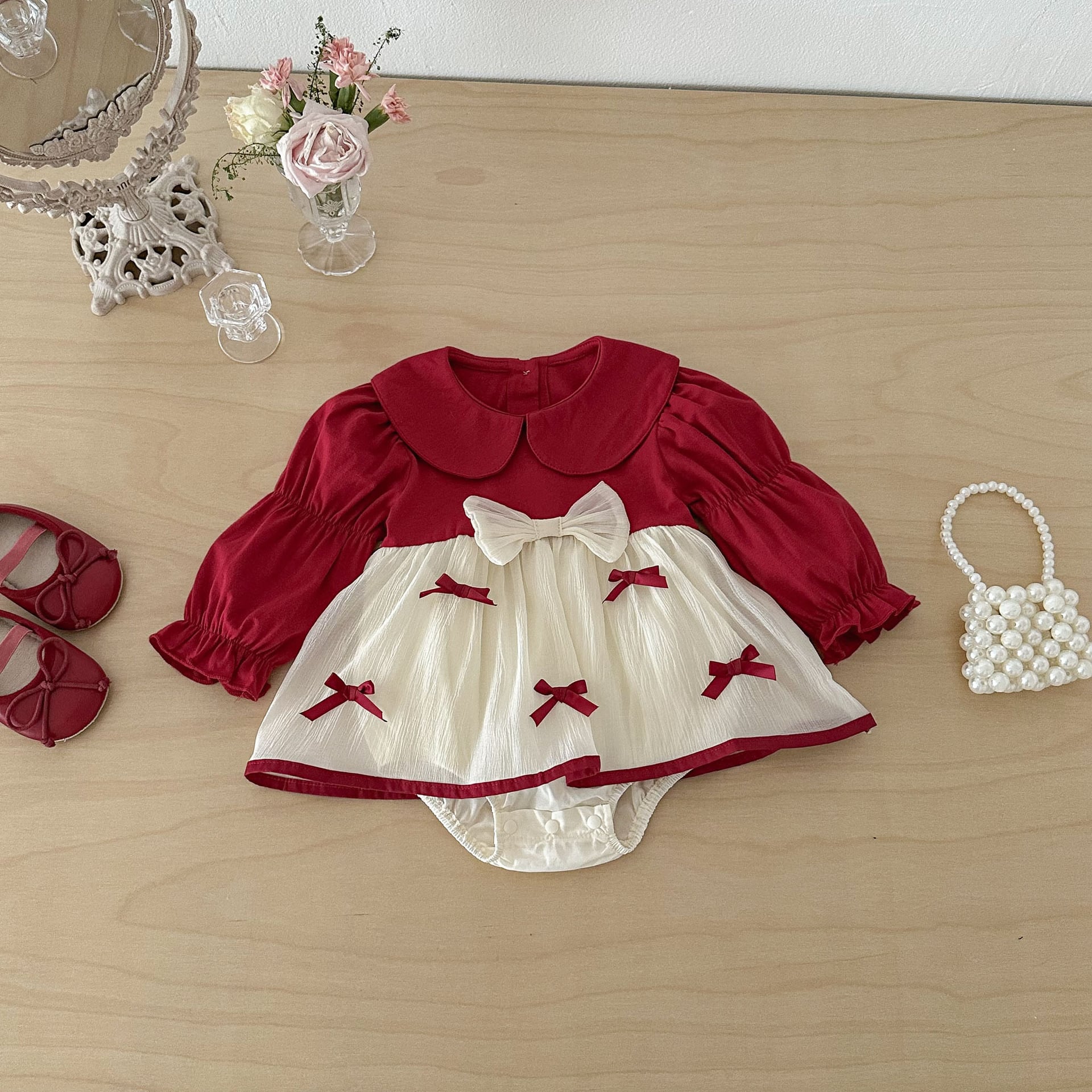 【66-90】ロンパース 蝶結び レッド 可愛い おしゃれ 定番 - 画像 (5)