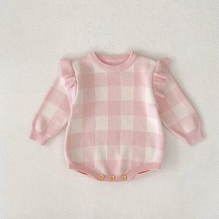 【66-90】ロンパース チェック柄 ニット 可愛い ベビー服 - 画像 (5)