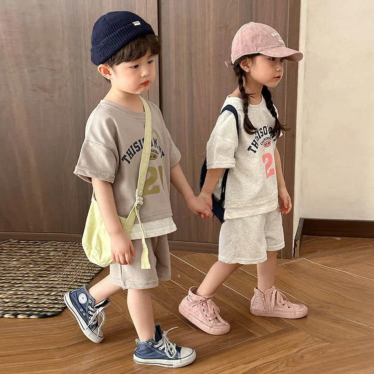 【80-150】キッズ服 数字ロゴ セットアップ 半袖Tシャツ+ショートパンツ - 画像 (4)