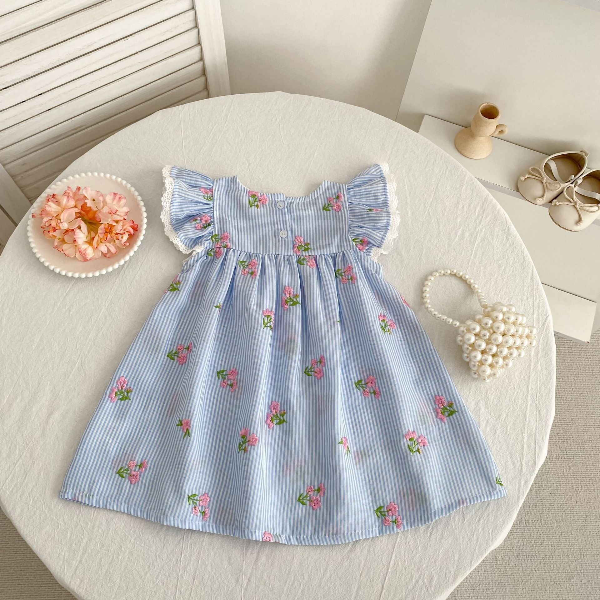 【66-130】ロンパース/ワンピース ブルーストライプ フリル 姉妹服 - 画像 (7)