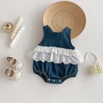 【66-90】デニムロンパース レース ノースリーブ 可愛い ベビー服 - 画像 (3)