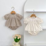 【66-100】ブラウス＆ブルマ パフスリーブ チェック シンプル ベビー服