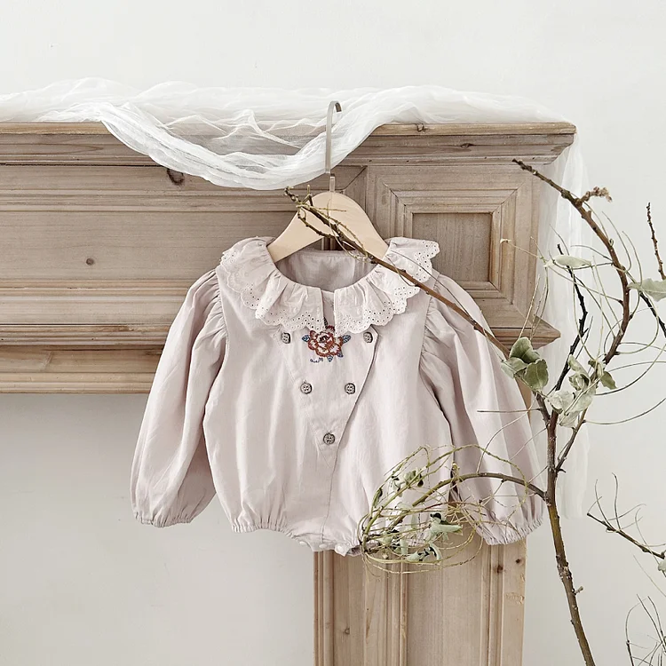 【66-90】ロンパース 韓国風 フリル襟 花刺繡 おしゃれ ベビー服 - 画像 (4)