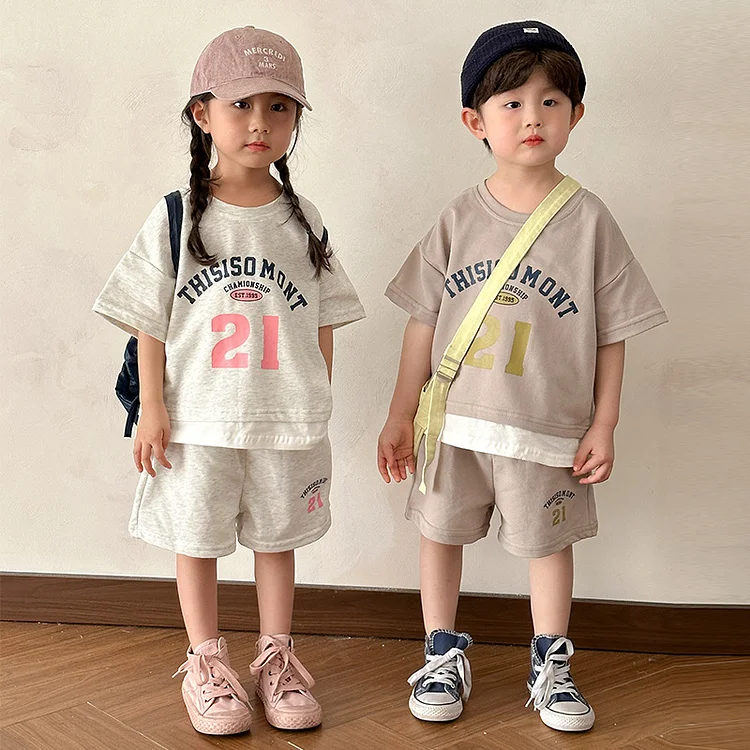 【80-150】キッズ服 数字ロゴ セットアップ 半袖Tシャツ+ショートパンツ - 画像 (3)