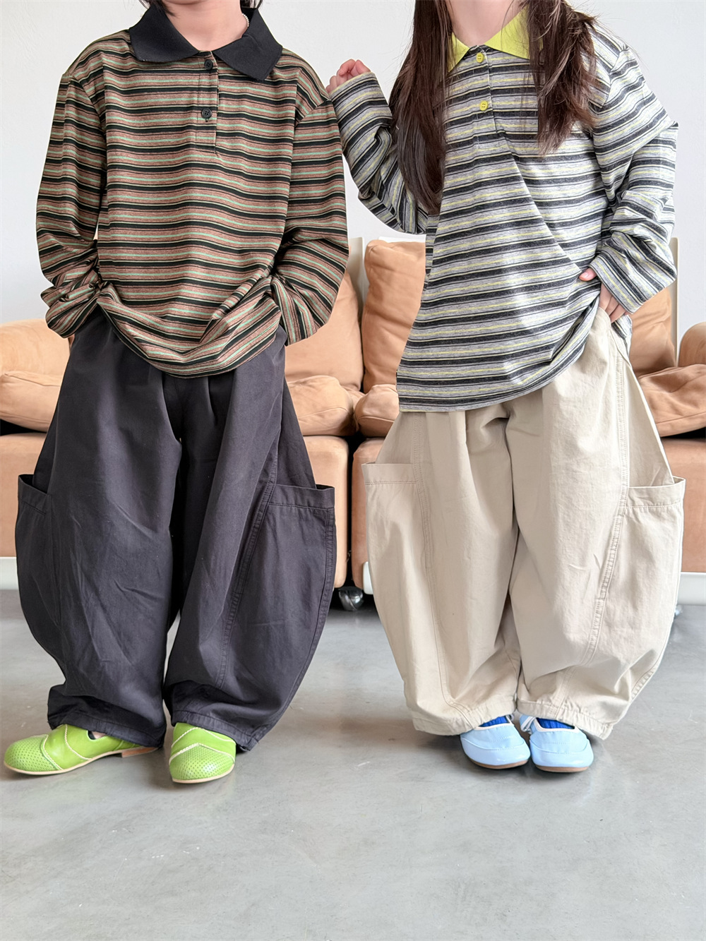 【90-150cm】カーブパンツ ポケットデザイン カジュアル 韓国風 ロングパンツ