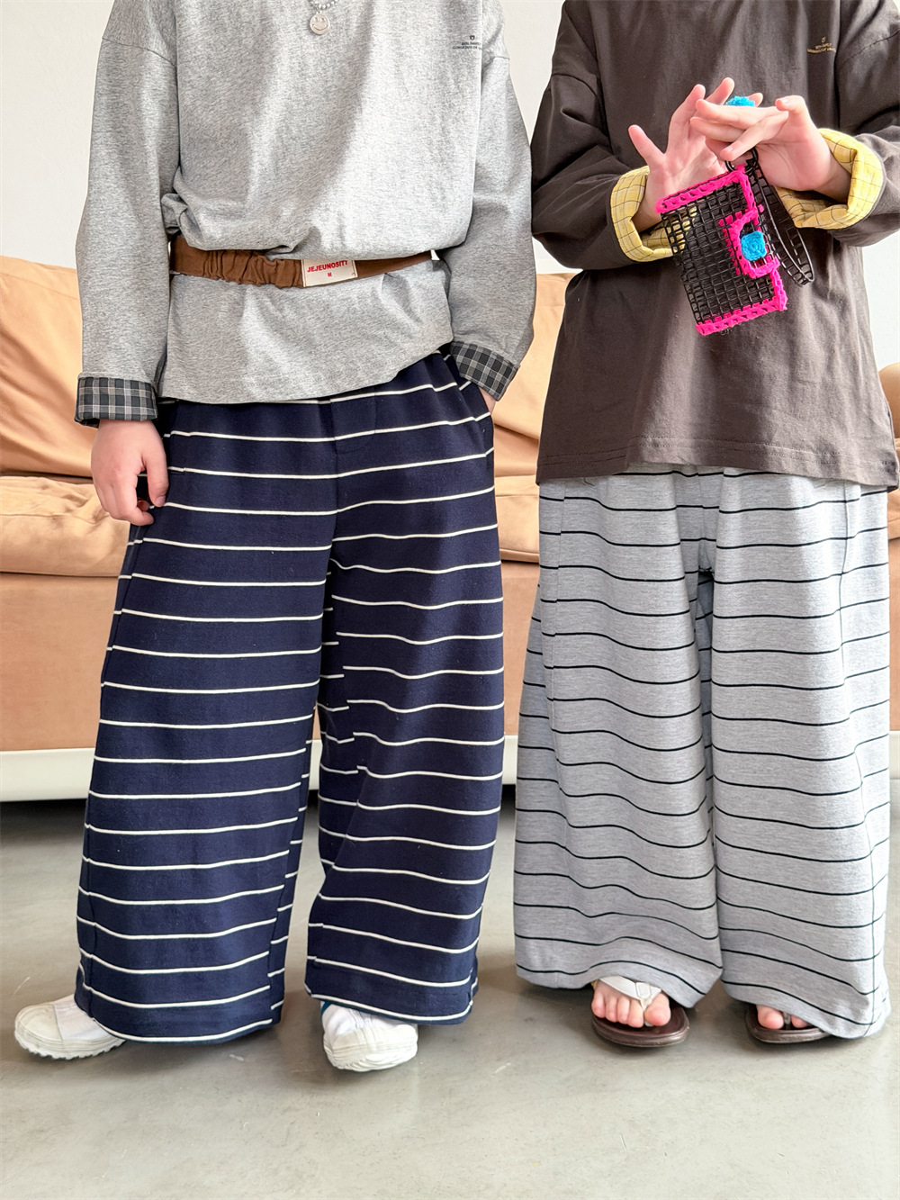 【90-150】カジュアルパンツ 男女兼用 ボーダー柄 ワイドパンツ
