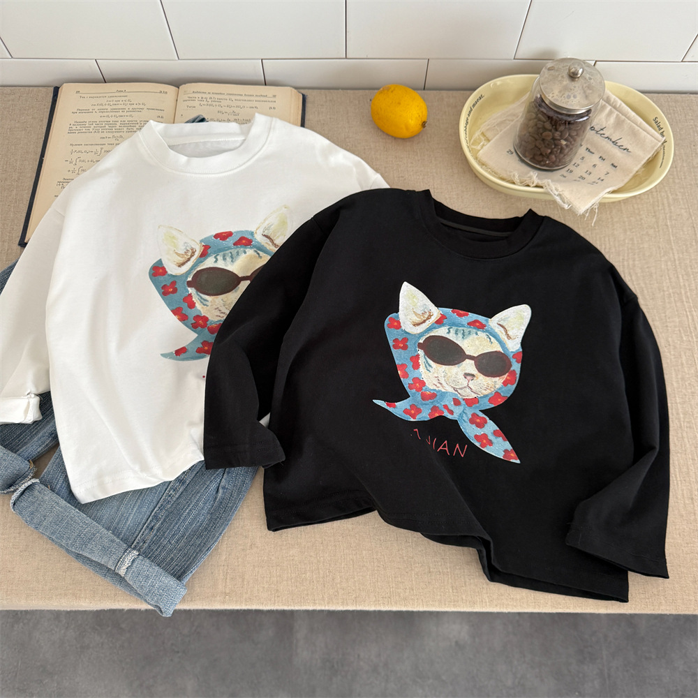 【90-150】Tシャツ カートゥーン プリント 猫柄 ラウンドネック 長袖 トップス - 画像 (5)