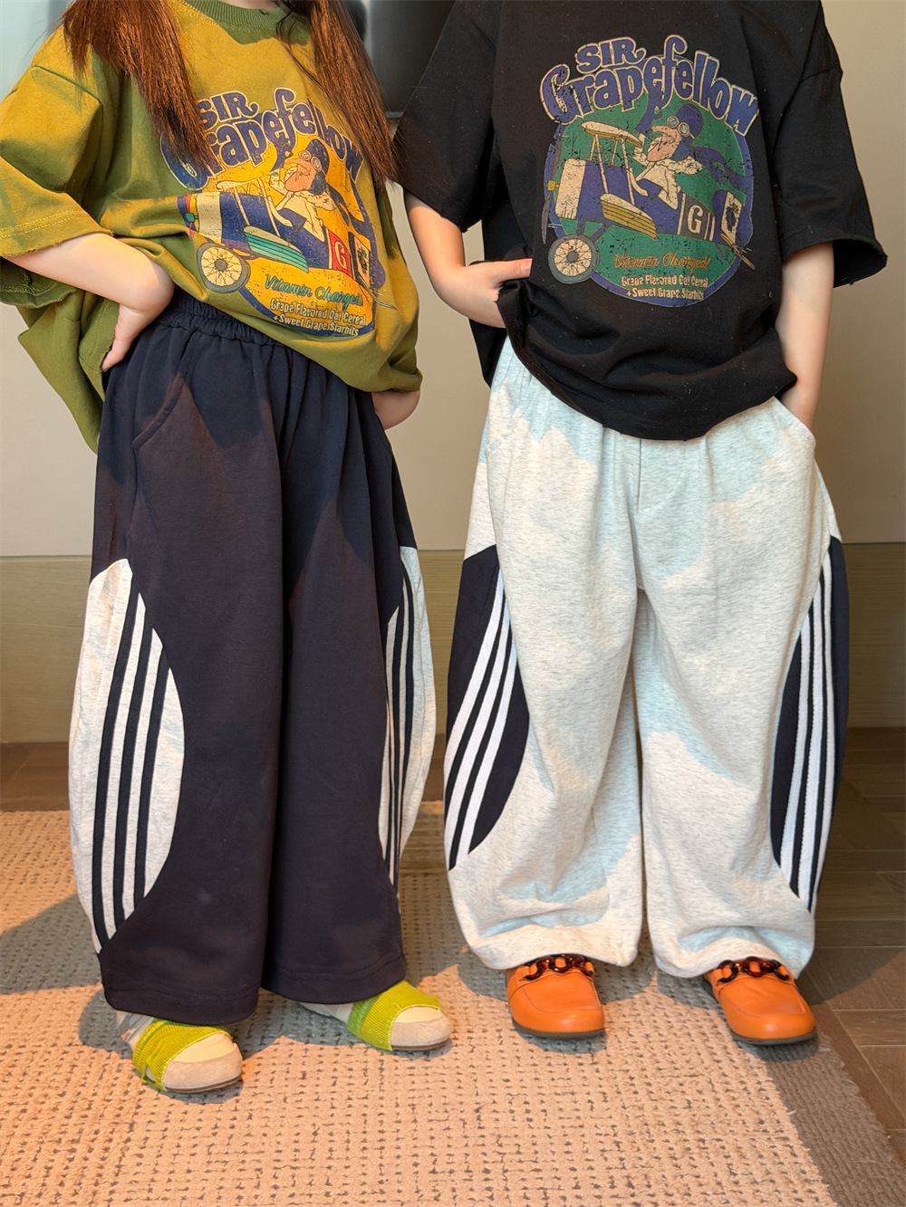 【90-150】カジュアルパンツ キッズ 配色 男女兼用 ゆったり ドローストリング スウェットパンツ - 画像 (3)