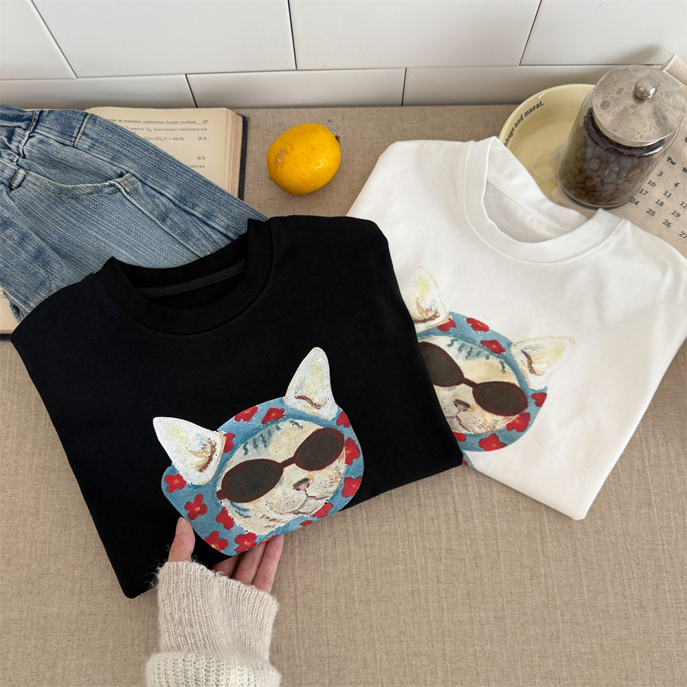 【90-150】Tシャツ カートゥーン プリント 猫柄 ラウンドネック 長袖 トップス - 画像 (9)