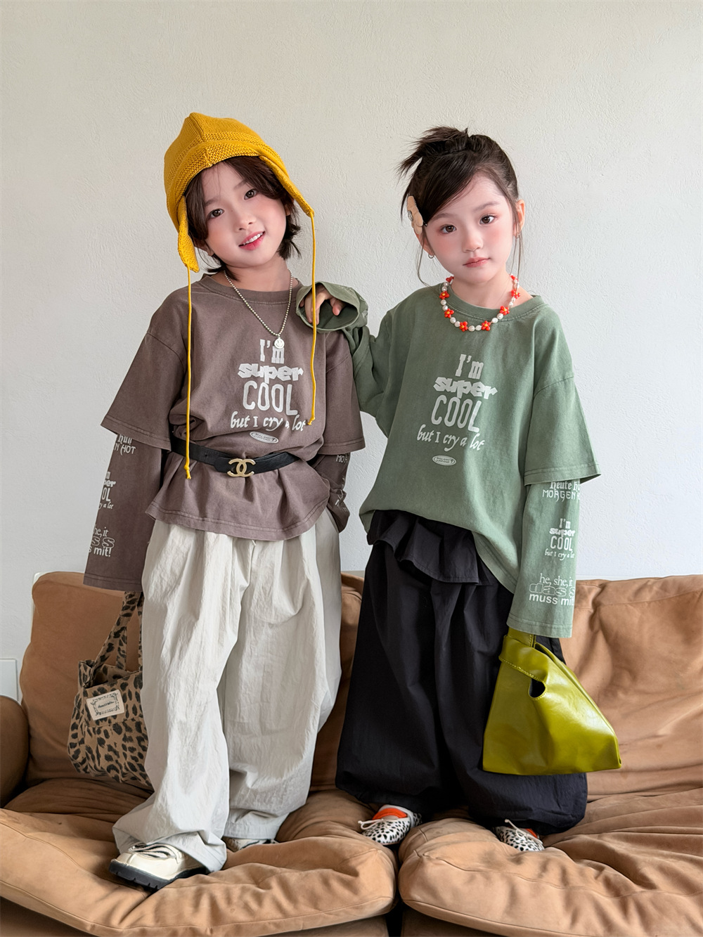 【90-150】長袖Tシャツ 男女兼用 フェイクレイヤード ウォッシュ加工 クルーネック トップス - 画像 (3)
