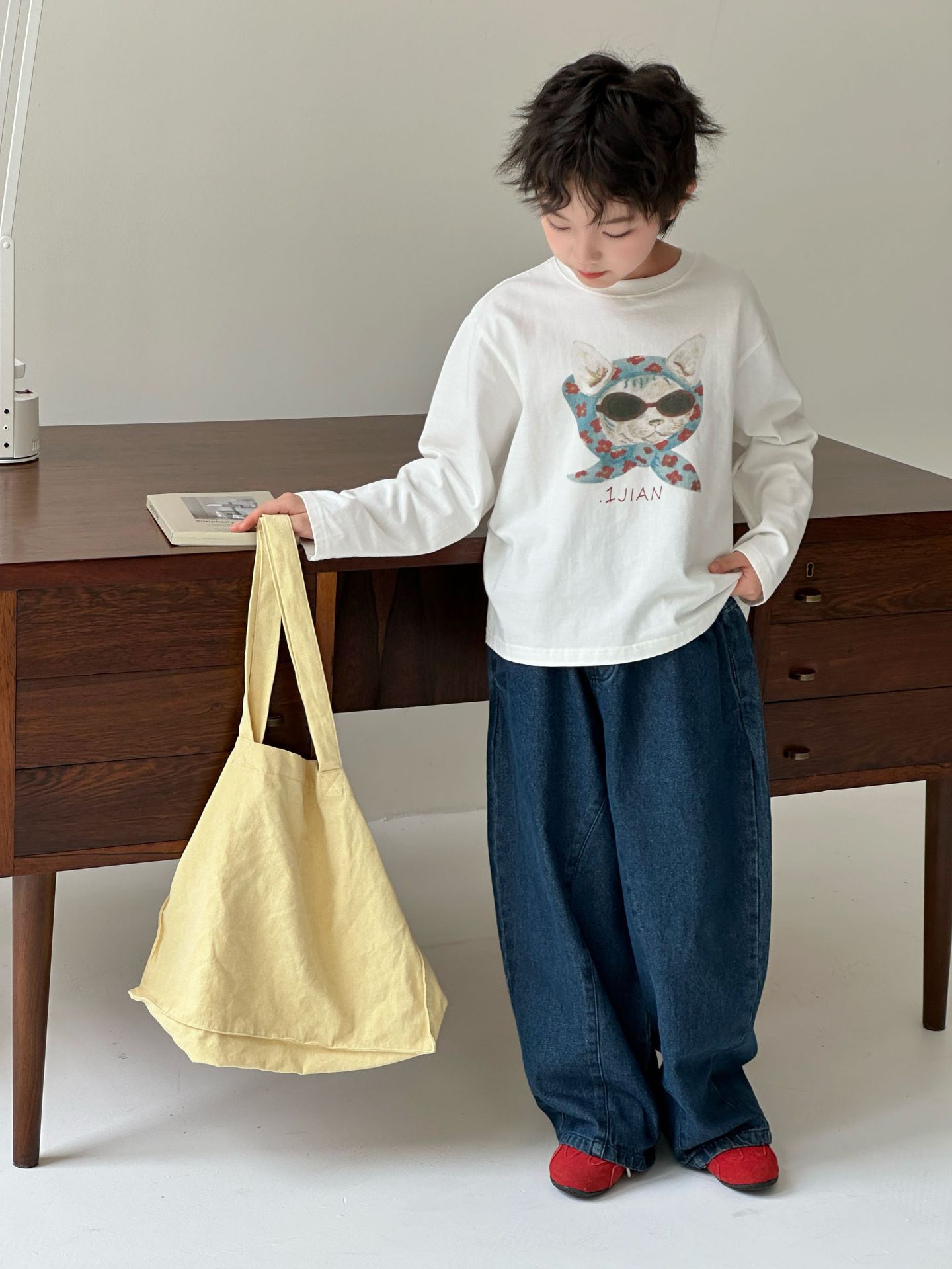 【90-150】Tシャツ カートゥーン プリント 猫柄 ラウンドネック 長袖 トップス - 画像 (12)