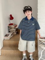 【90-150】ポロシャツ 男の子 ボーダー柄 ロゴ刺繍 カレッジ風 半袖 カジュアル トップス