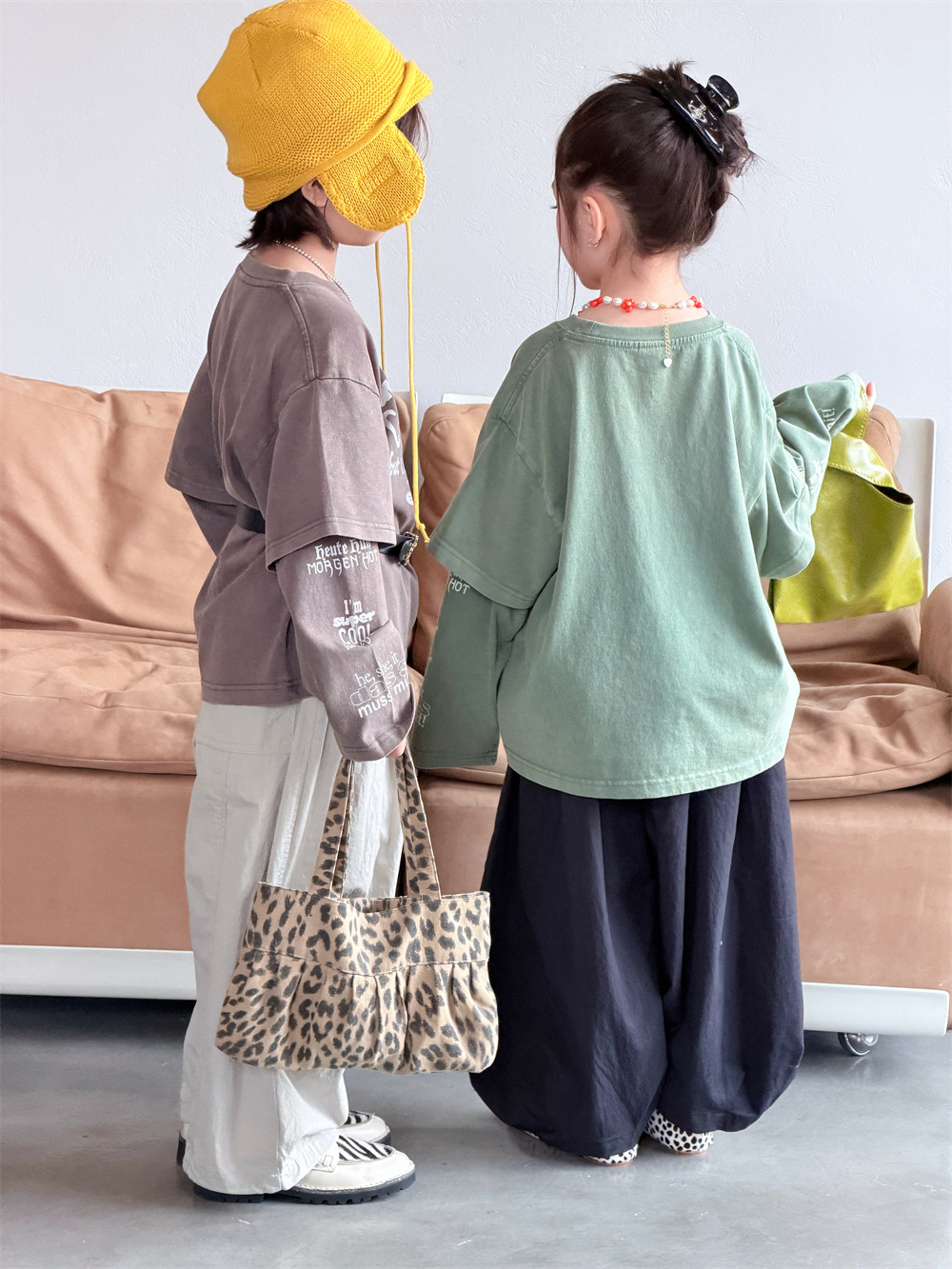 【90-150】長袖Tシャツ 男女兼用 フェイクレイヤード ウォッシュ加工 クルーネック トップス - 画像 (12)