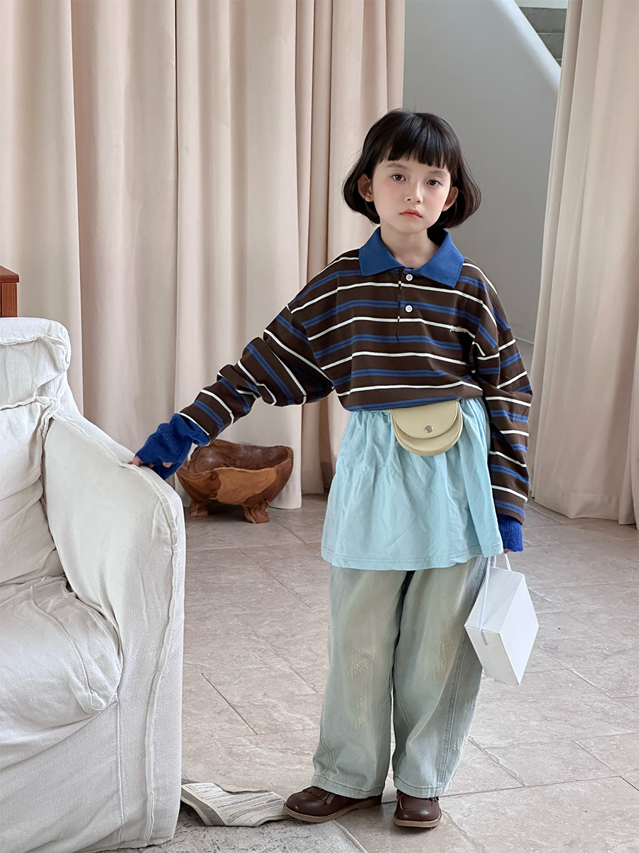 【90-150】長袖ポロシャツ 男女兼用 ボーダー 配色デザイン ロゴ刺繍 レトロ トップス - 画像 (9)