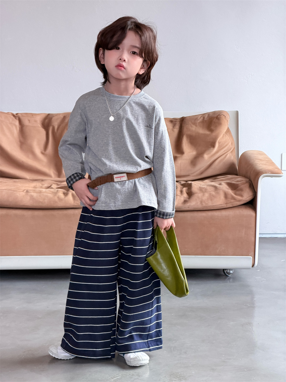 【90-150】長袖Tシャツ 男女兼用 チェック柄 配色デザイン クルーネック カジュアル 韓国風 トップス - 画像 (8)