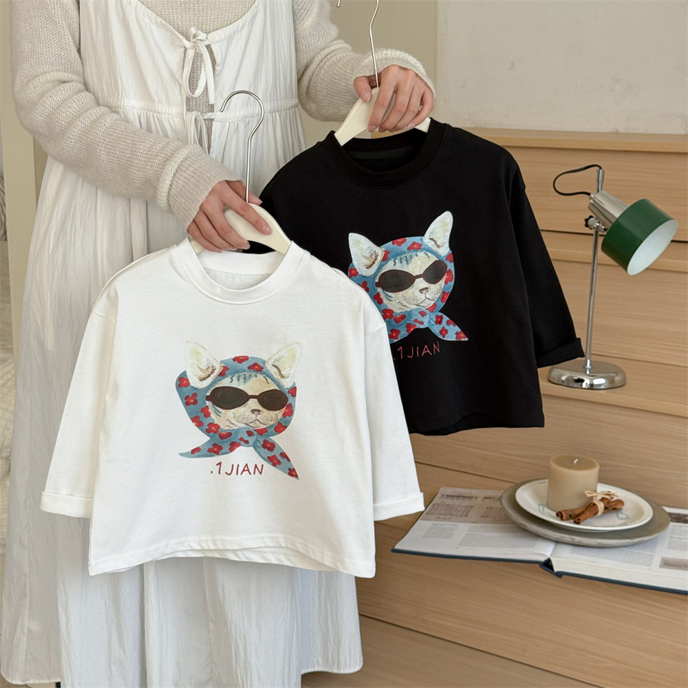 【90-150】Tシャツ カートゥーン プリント 猫柄 ラウンドネック 長袖 トップス - 画像 (8)