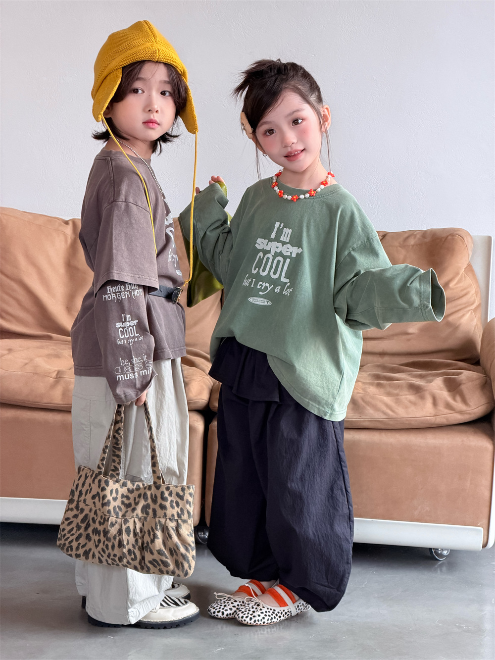 【90-150】長袖Tシャツ 男女兼用 フェイクレイヤード ウォッシュ加工 クルーネック トップス - 画像 (7)