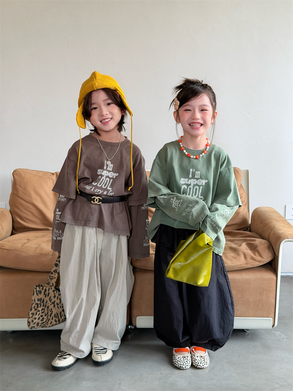 【90-150】長袖Tシャツ 男女兼用 フェイクレイヤード ウォッシュ加工 クルーネック トップス - 画像 (6)