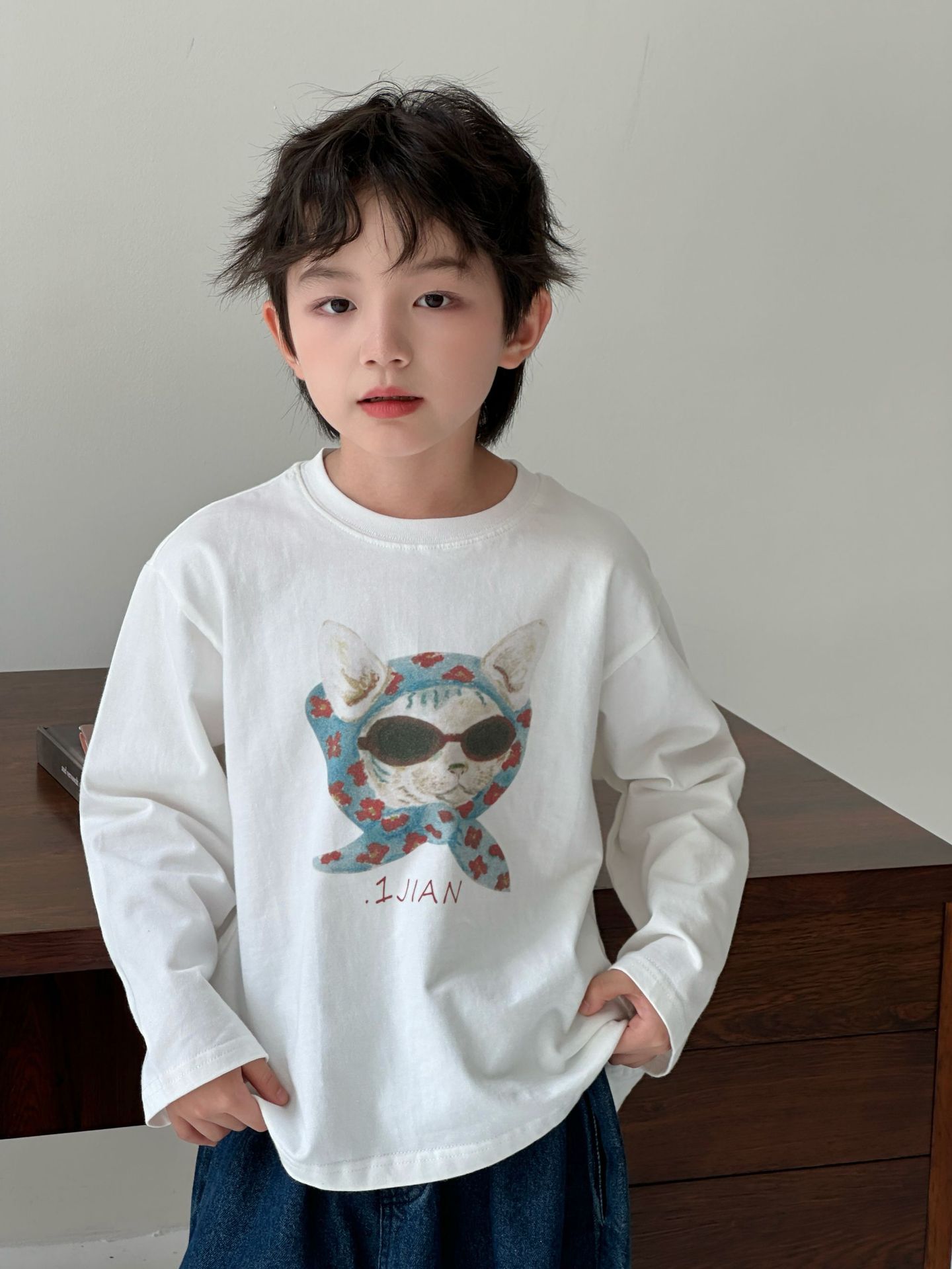 【90-150】Tシャツ カートゥーン プリント 猫柄 ラウンドネック 長袖 トップス - 画像 (7)