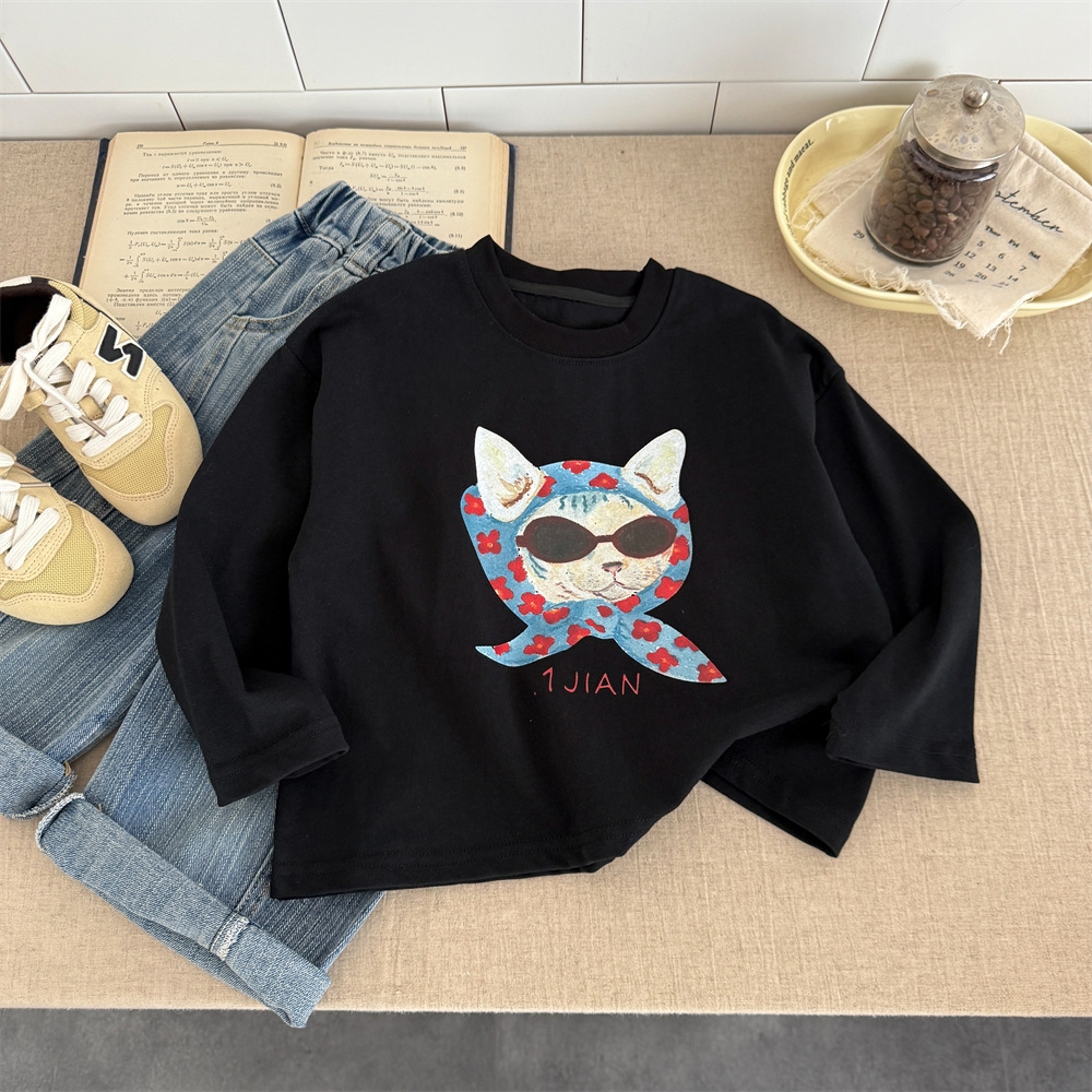 【90-150】Tシャツ カートゥーン プリント 猫柄 ラウンドネック 長袖 トップス - 画像 (16)