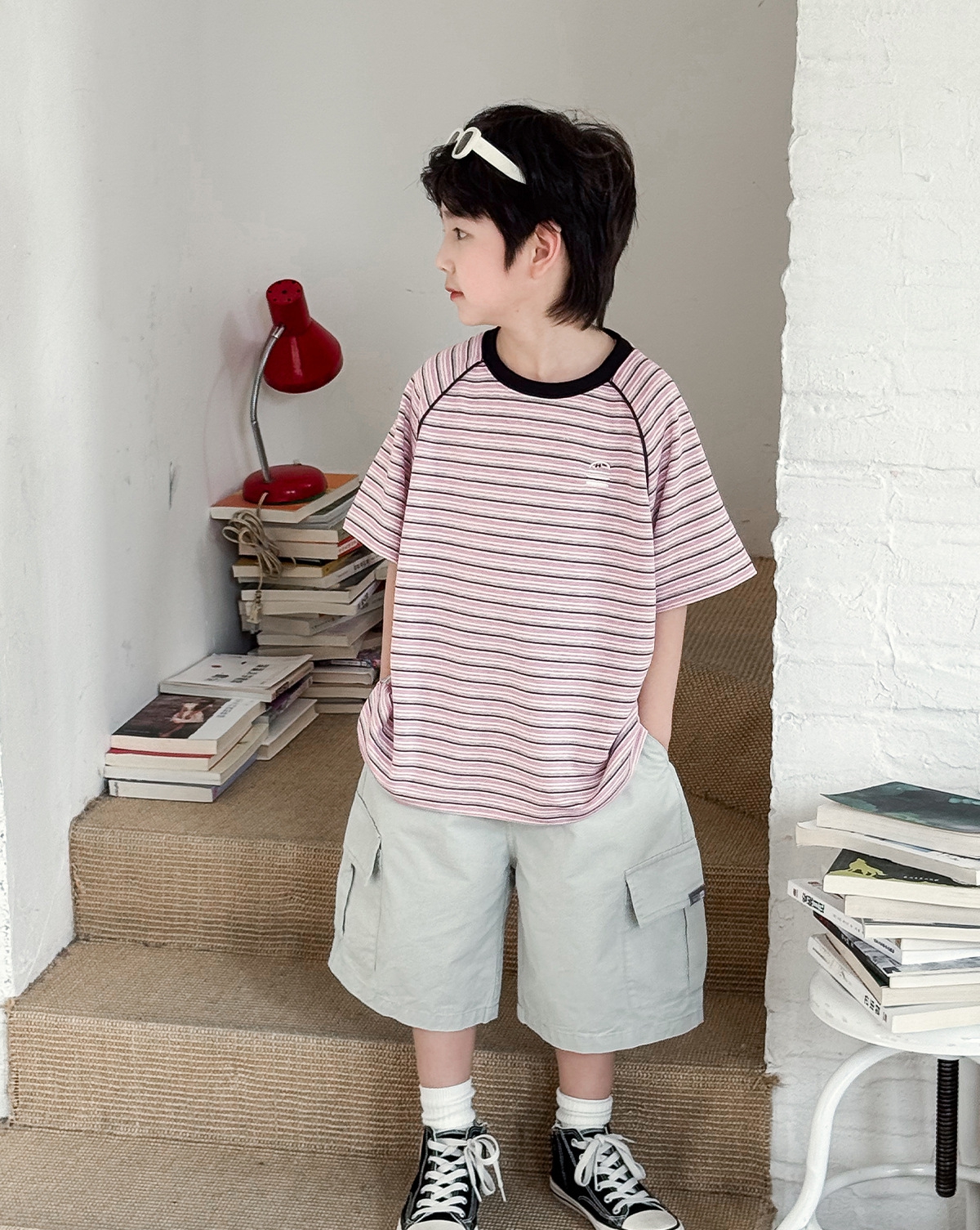 【90-150】Tシャツ 男の子 ハンバーガー刺繍 半袖ボーダー クルーネック カジュアル トップス - 画像 (6)