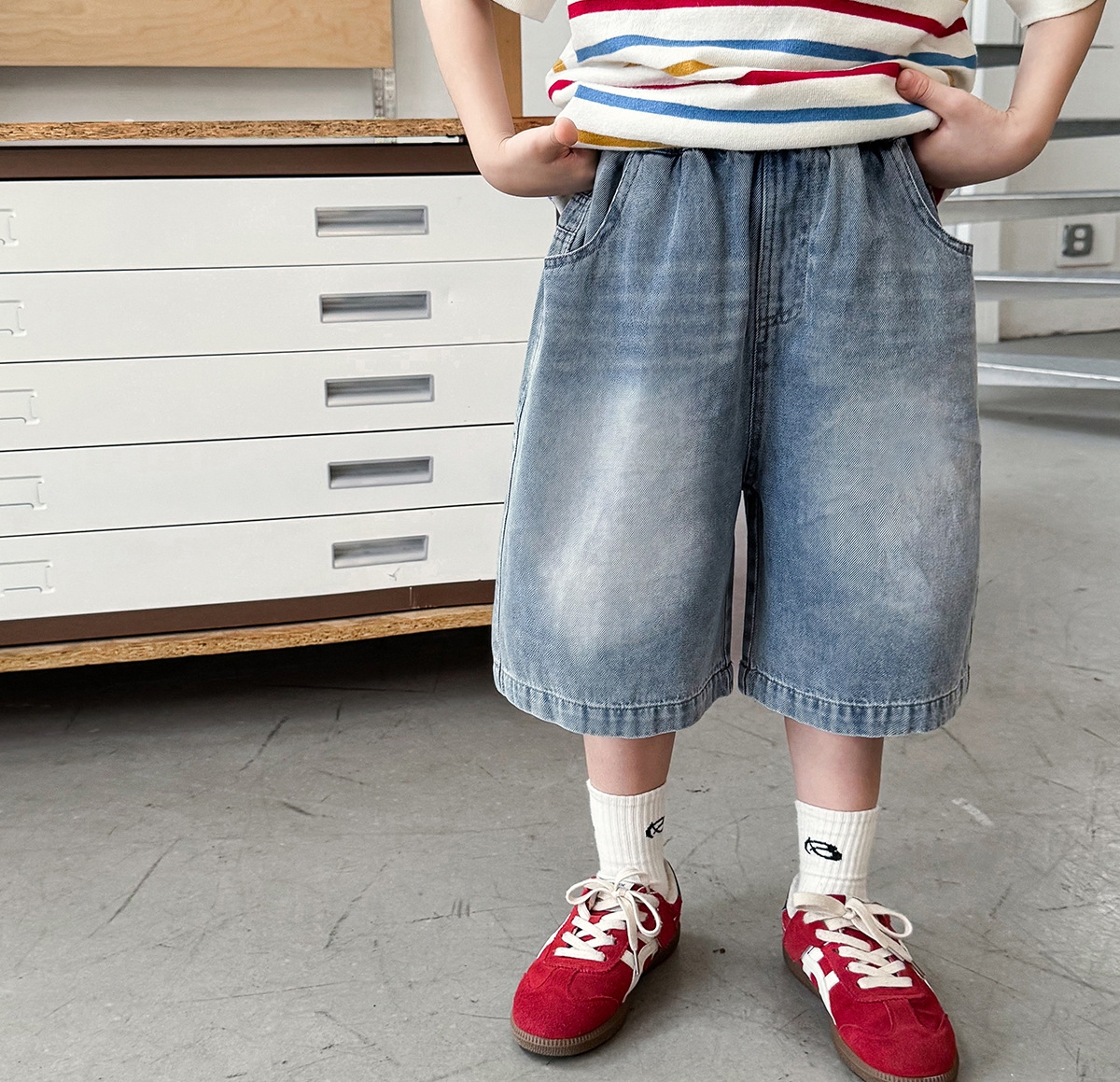 【90-150】デニムショートパンツ 男の子 バックポケットタグ ウォッシュ加工 カジュアル 子供服 - 画像 (5)