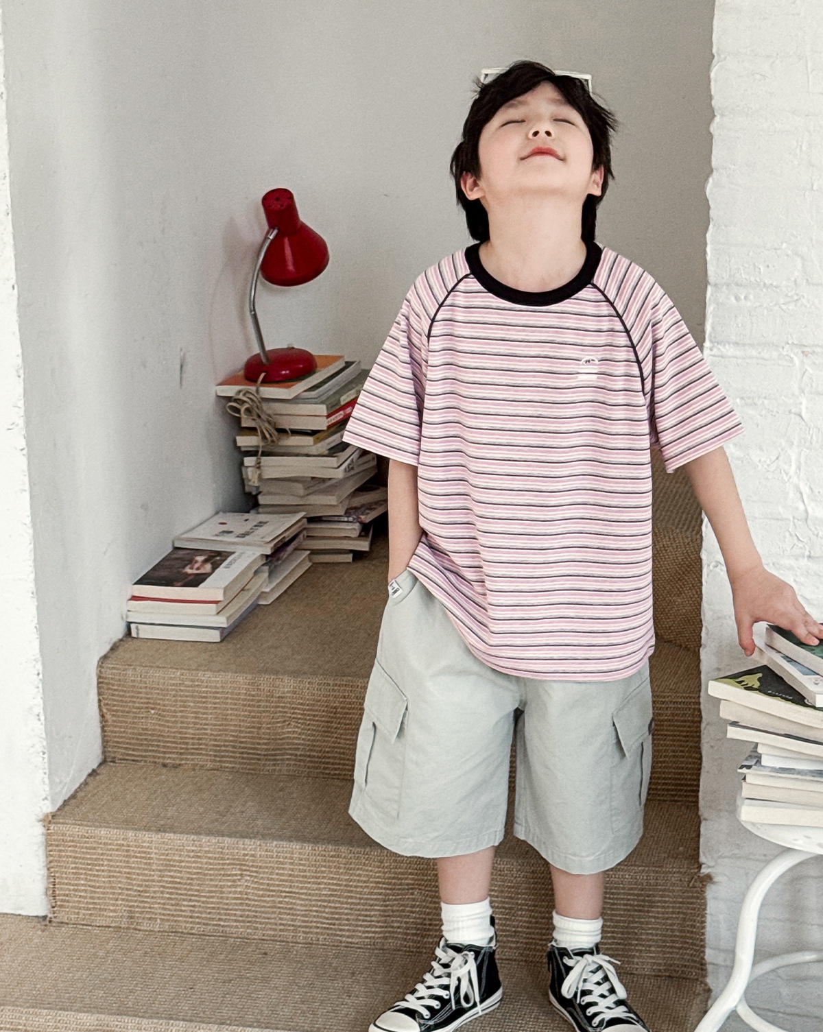 【90-150】Tシャツ 男の子 ハンバーガー刺繍 半袖ボーダー クルーネック カジュアル トップス - 画像 (7)