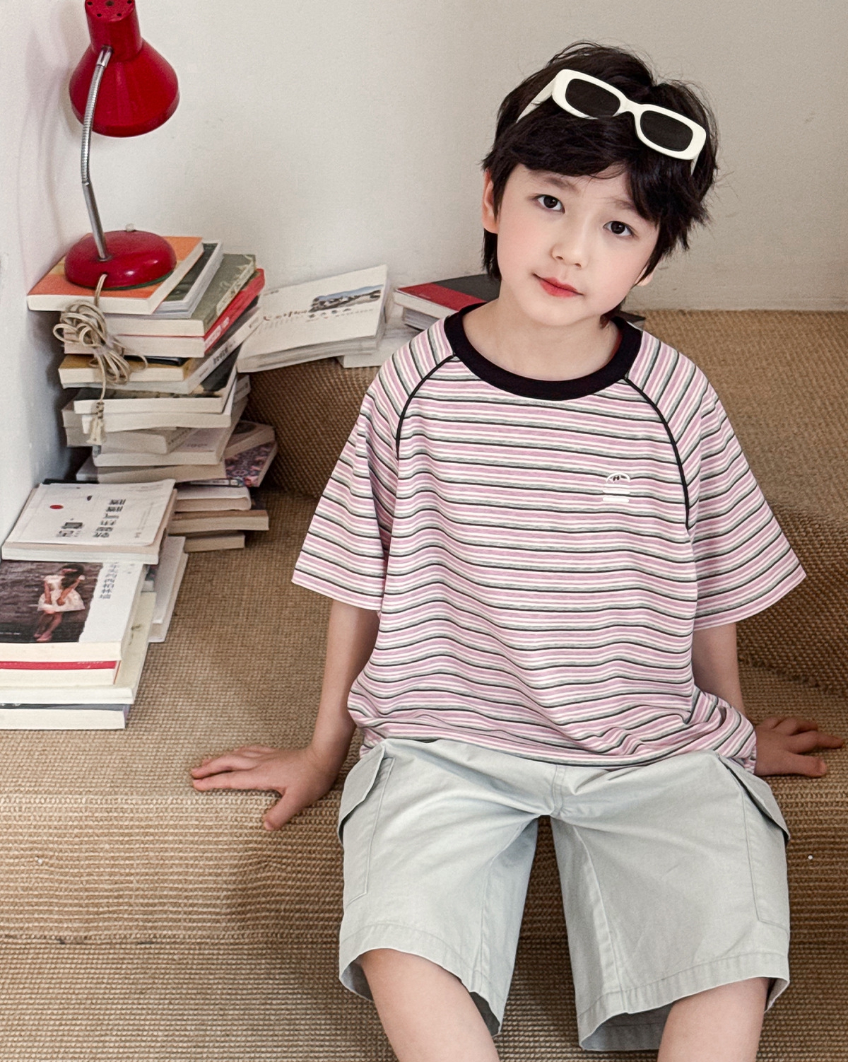 【90-150】Tシャツ 男の子 ハンバーガー刺繍 半袖ボーダー クルーネック カジュアル トップス - 画像 (8)