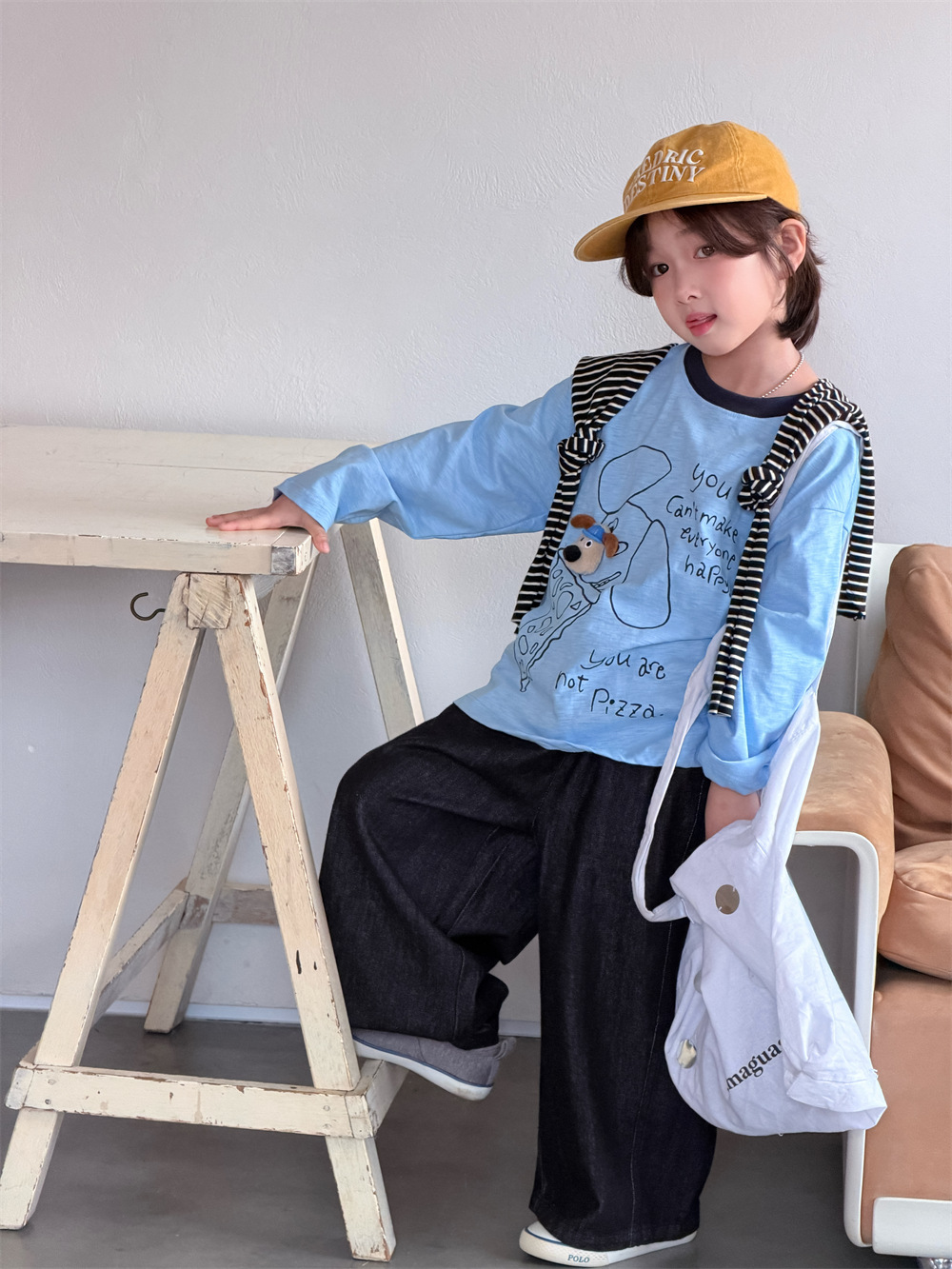 【90-150】長袖Tシャツ 男女兼用 犬柄プリント 配色襟 ゆったり カジュアル トップス - 画像 (9)