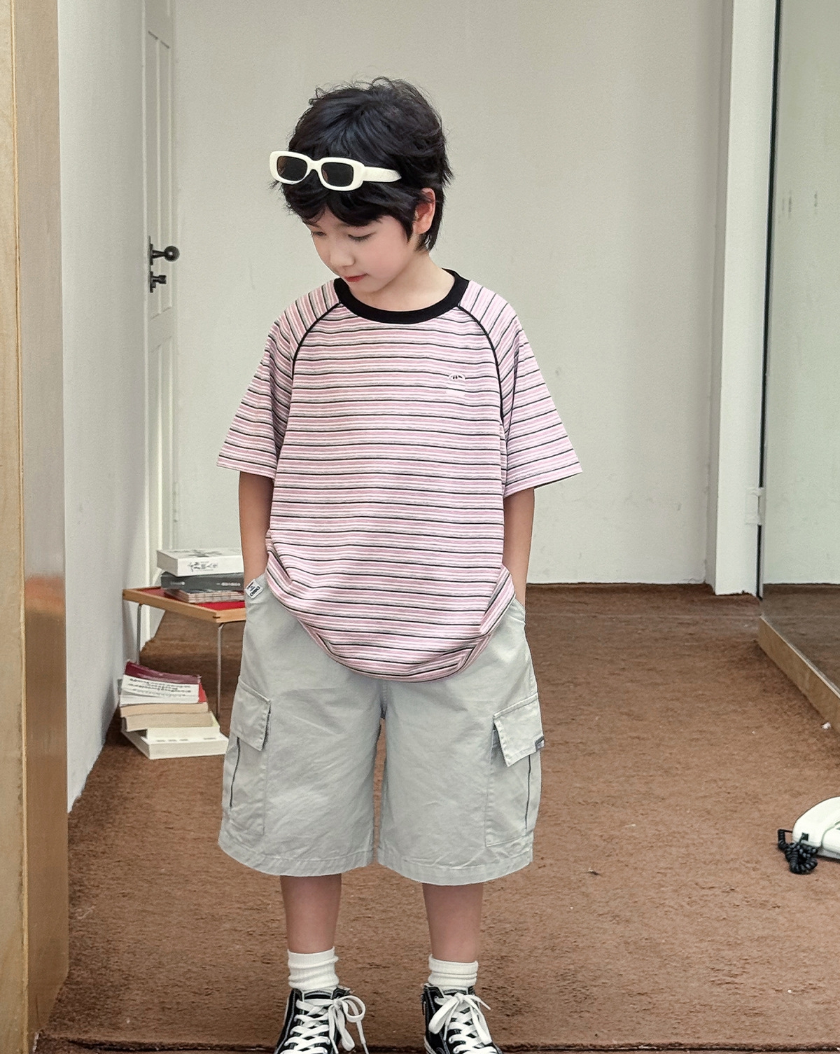 【90-150】Tシャツ 男の子 ハンバーガー刺繍 半袖ボーダー クルーネック カジュアル トップス - 画像 (12)
