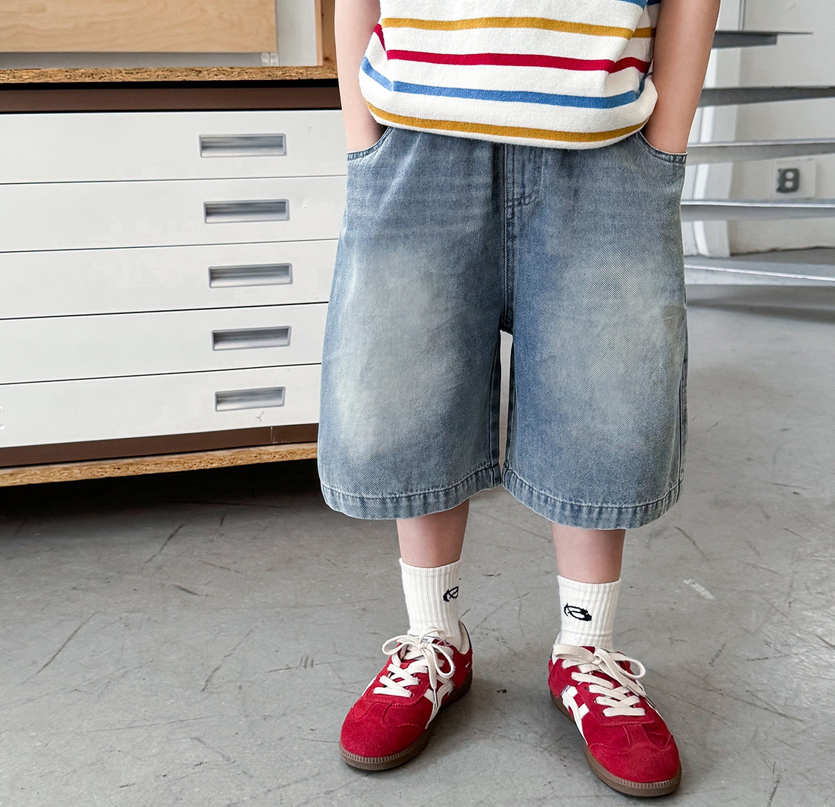 【90-150】デニムショートパンツ 男の子 バックポケットタグ ウォッシュ加工 カジュアル 子供服 - 画像 (8)