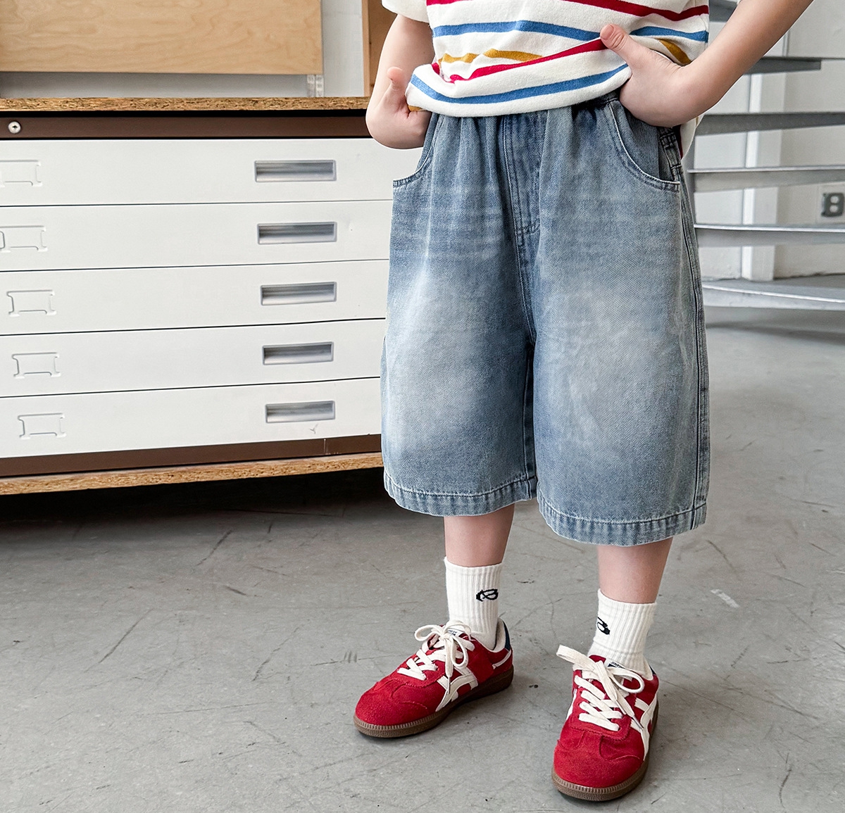 【90-150】デニムショートパンツ 男の子 バックポケットタグ ウォッシュ加工 カジュアル 子供服 - 画像 (9)