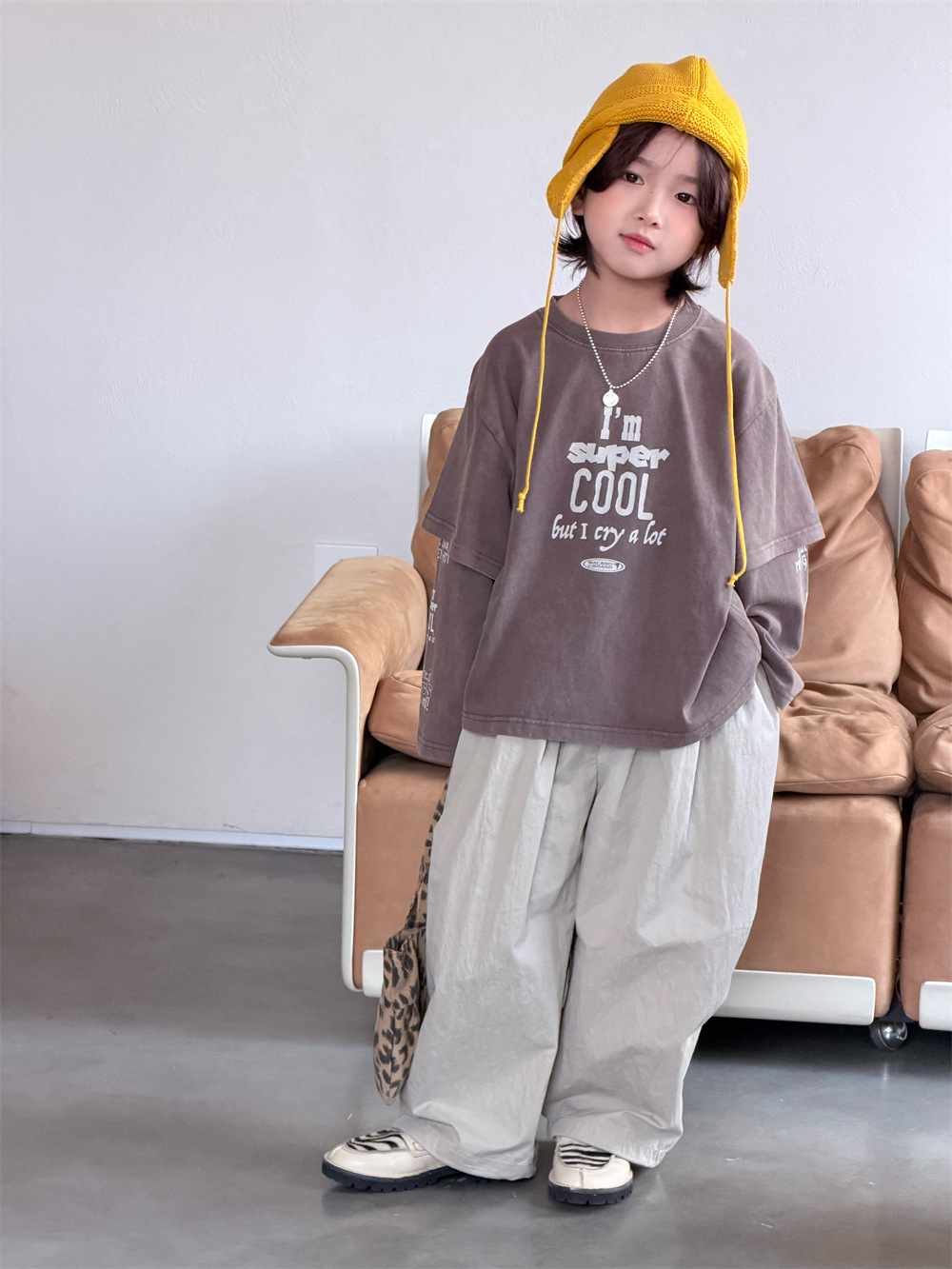 【90-150】長袖Tシャツ 男女兼用 フェイクレイヤード ウォッシュ加工 クルーネック トップス - 画像 (9)