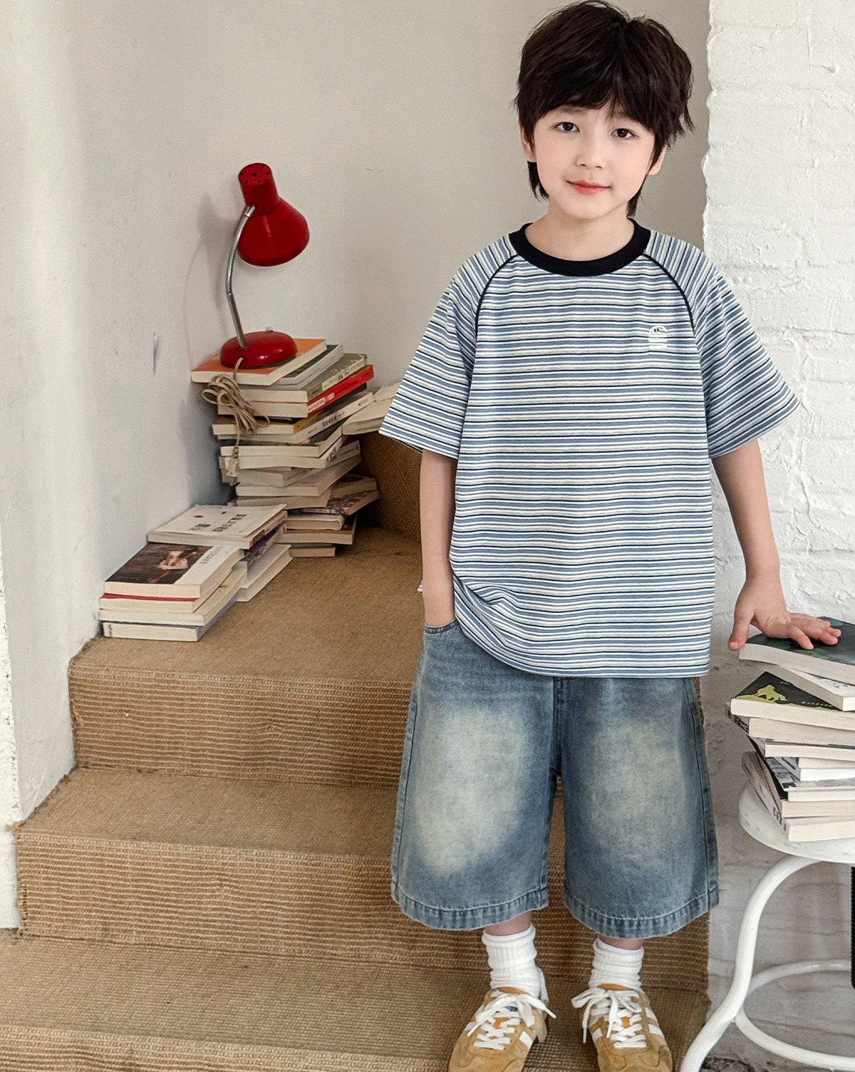 【90-150】Tシャツ 男の子 ハンバーガー刺繍 半袖ボーダー クルーネック カジュアル トップス - 画像 (15)