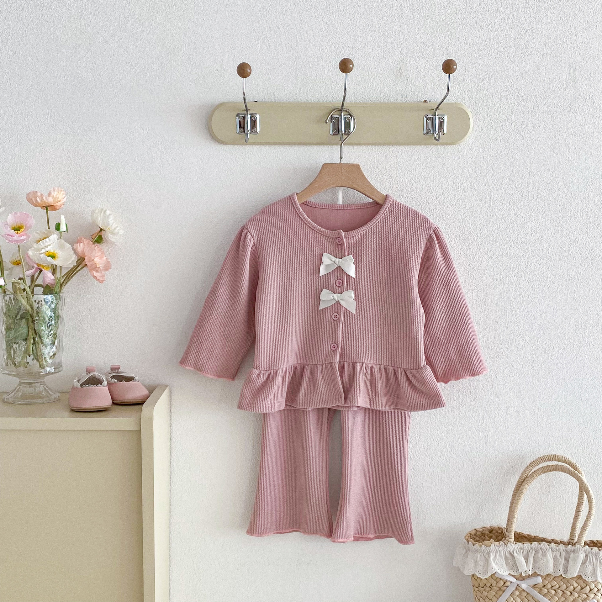 【80-130】女の子 セットアップ トップス+パンツ リボン付き - 画像 (7)