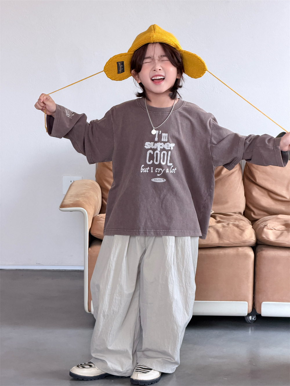 【90-150】長袖Tシャツ 男女兼用 フェイクレイヤード ウォッシュ加工 クルーネック トップス - 画像 (11)