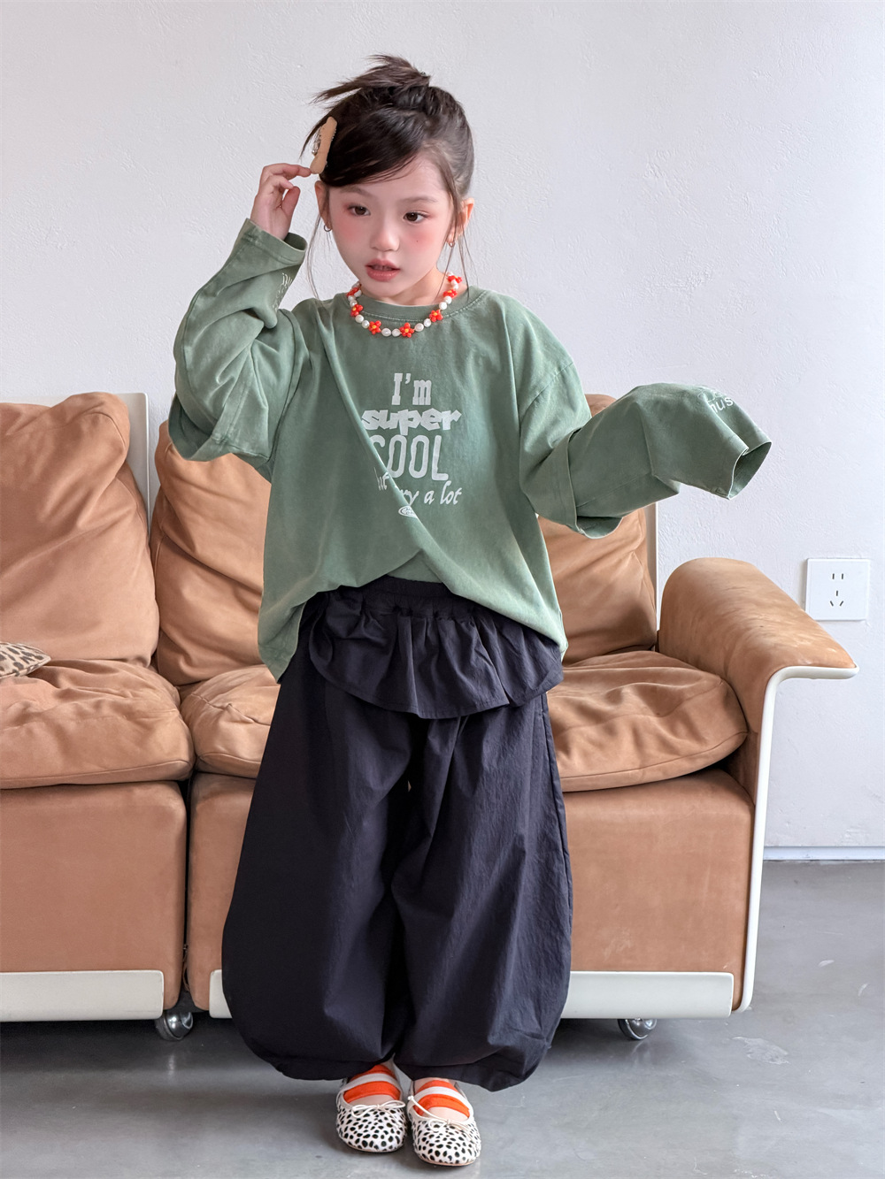 【90-150】長袖Tシャツ 男女兼用 フェイクレイヤード ウォッシュ加工 クルーネック トップス - 画像 (8)