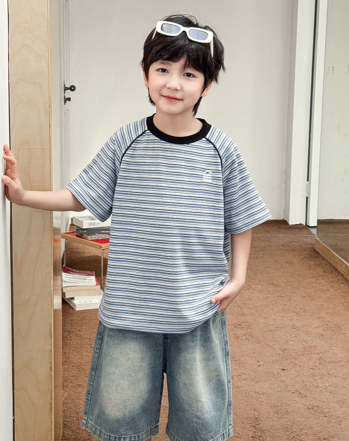 【90-150】Tシャツ 男の子 ハンバーガー刺繍 半袖ボーダー クルーネック カジュアル トップス - 画像 (9)