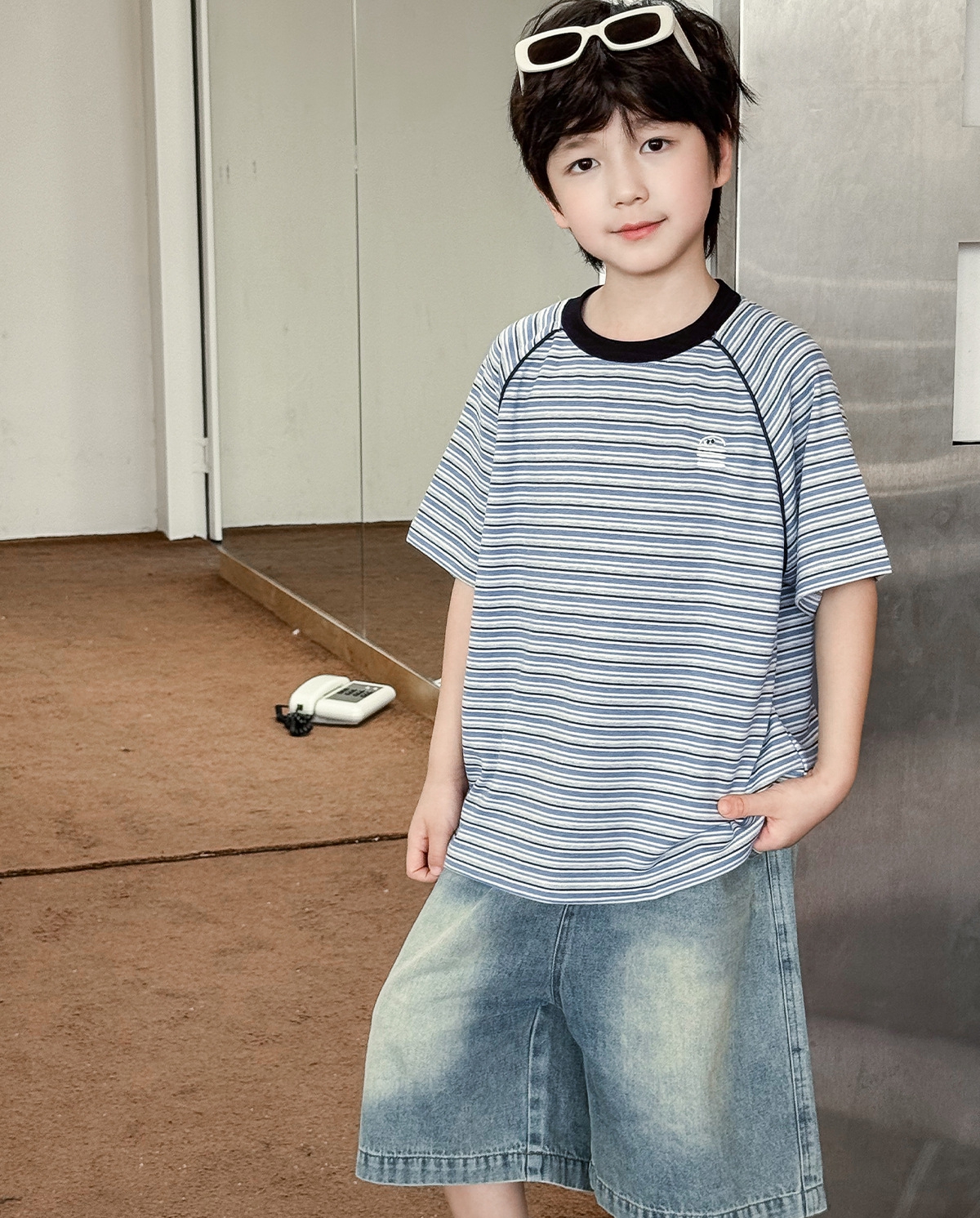 【90-150】Tシャツ 男の子 ハンバーガー刺繍 半袖ボーダー クルーネック カジュアル トップス - 画像 (11)
