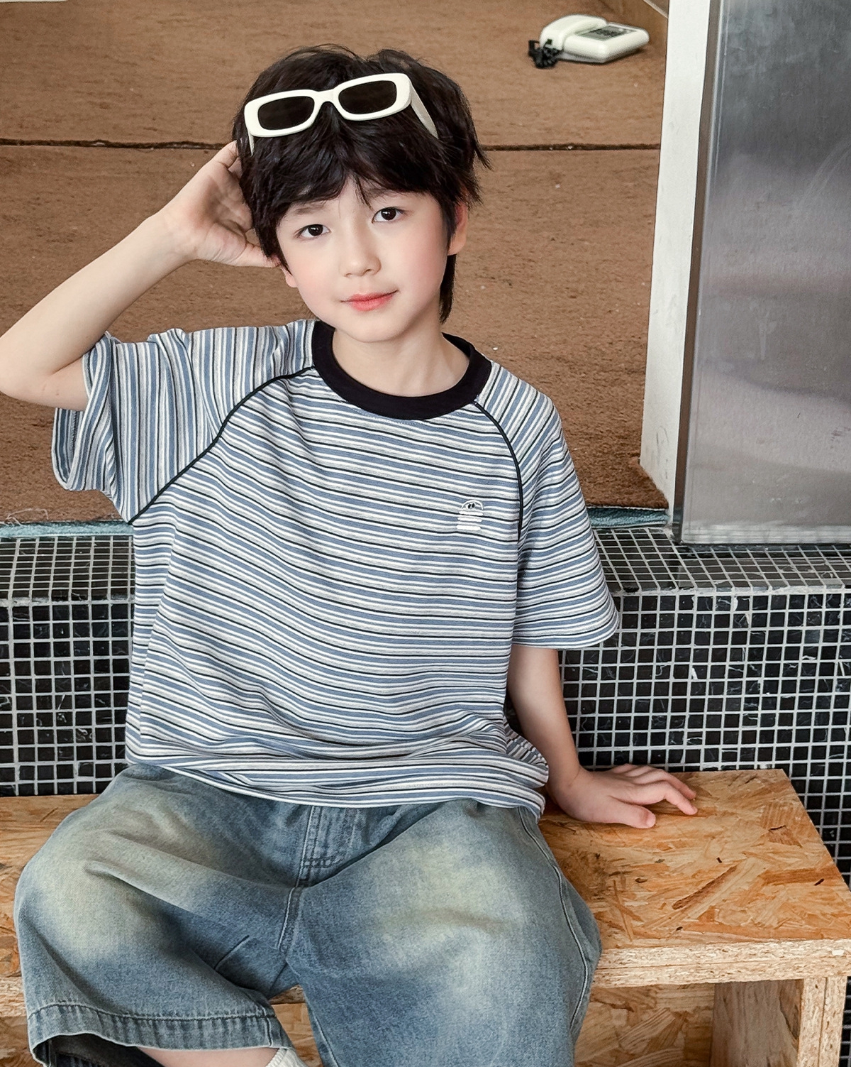 【90-150】Tシャツ 男の子 ハンバーガー刺繍 半袖ボーダー クルーネック カジュアル トップス - 画像 (13)